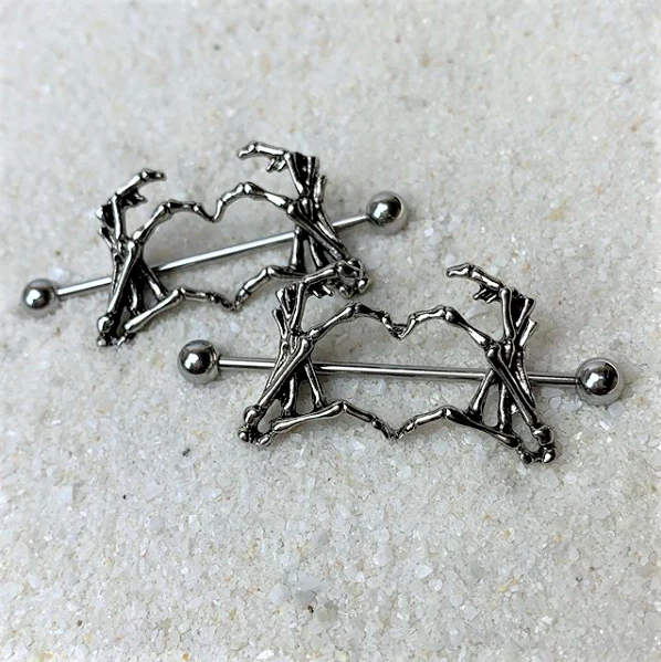1 1/2 Skeleton Hand Heart Nipple Barbell Shield Set - Image 2