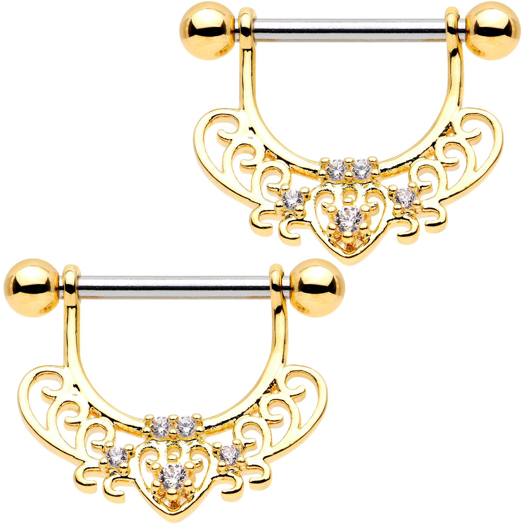 1/2 Clear CZ Gem Gold Tone Mehndi Dangle Nipple Ring Set