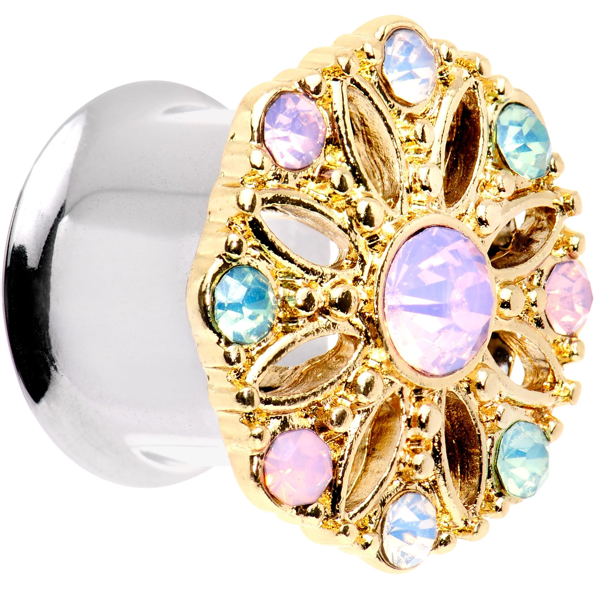 1/2 Pink Green White Gem Glam Flower Double Flare Tunnel Plug Set - Image 2