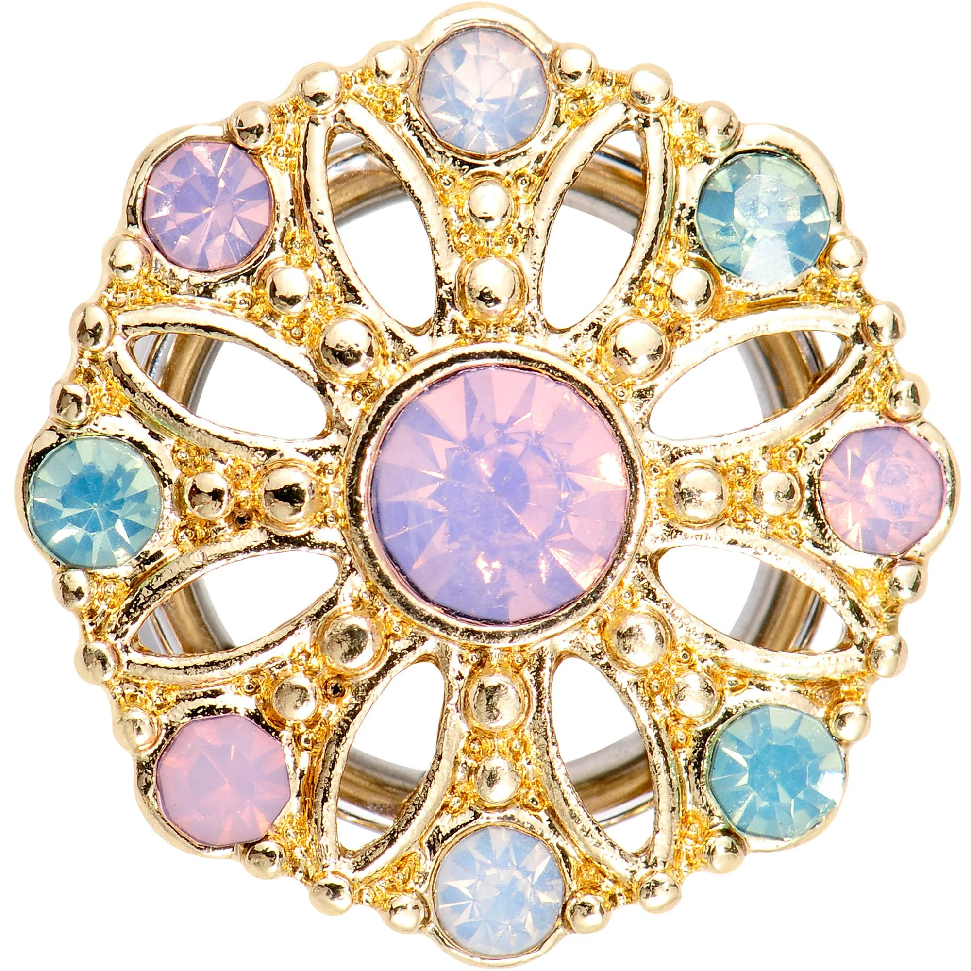 1/2 Pink Green White Gem Glam Flower Double Flare Tunnel Plug Set - Image 3