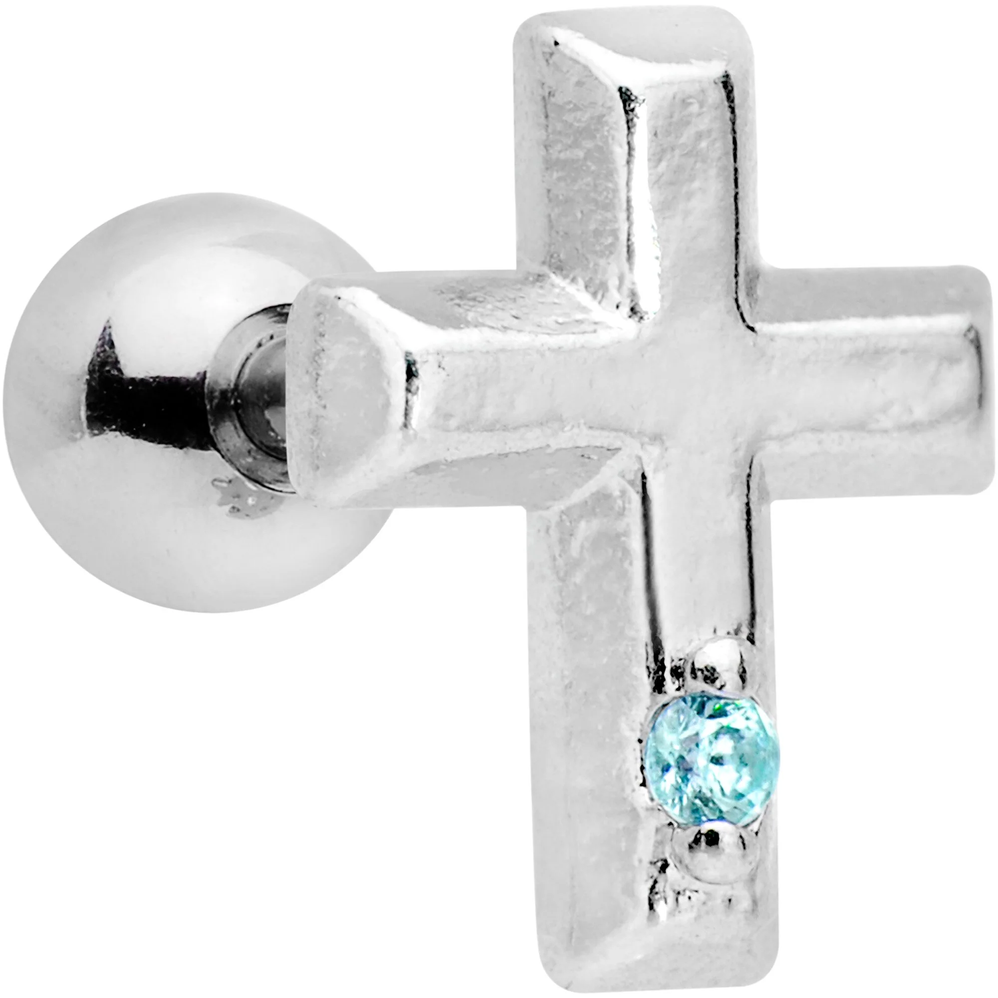 1/4 Aqua CZ Gem Embossed Cross Tragus Cartilage Earring - Image 2