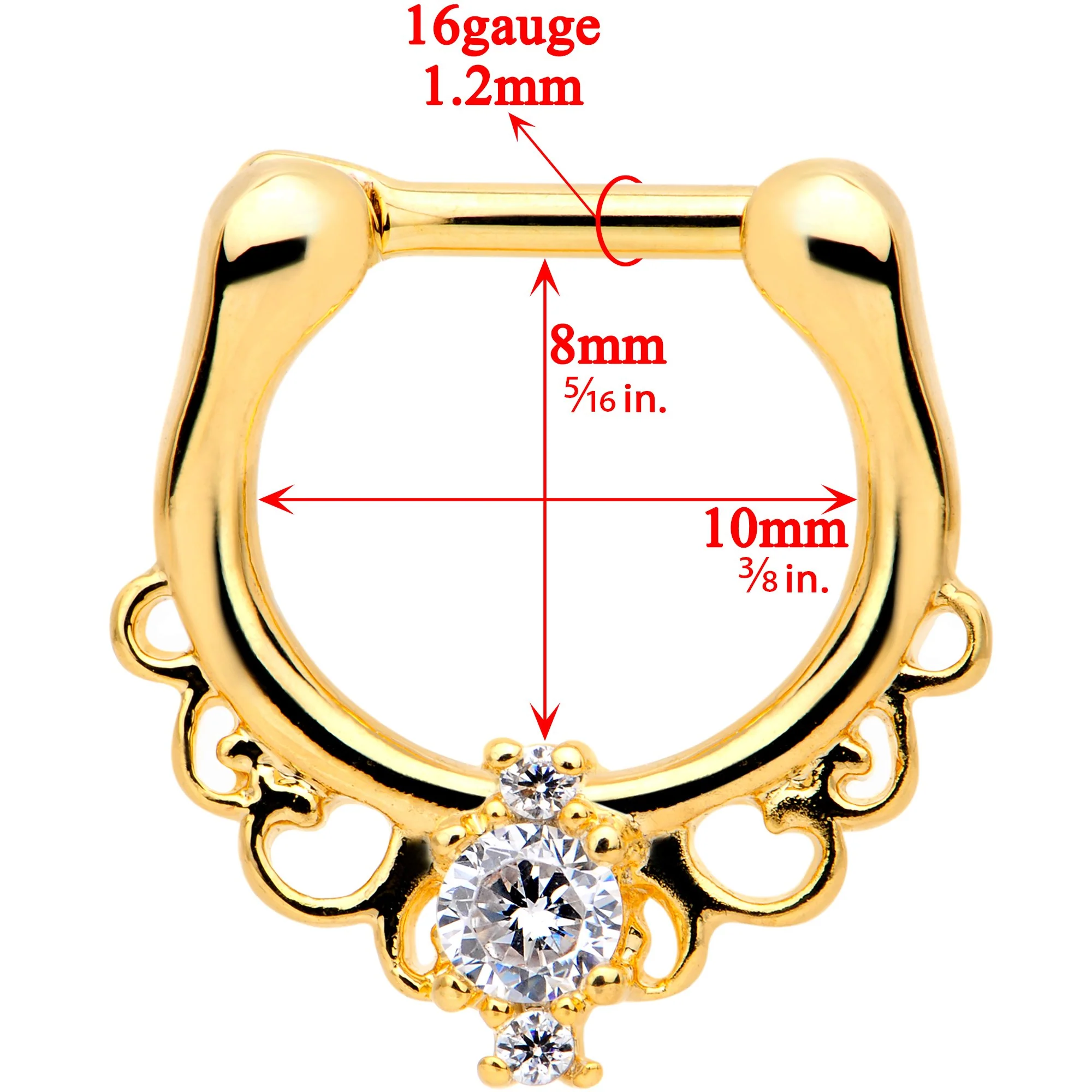 16G Clear CZ Gem Gold Tone Anodized Coronet Septum Clicker - Image 3