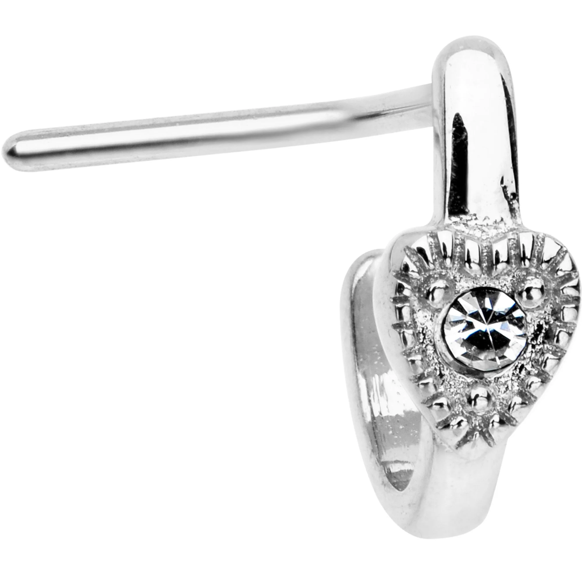 20G Clear Gem Steel Heart Faux Hoop L Shaped Nose Ring - Image 2