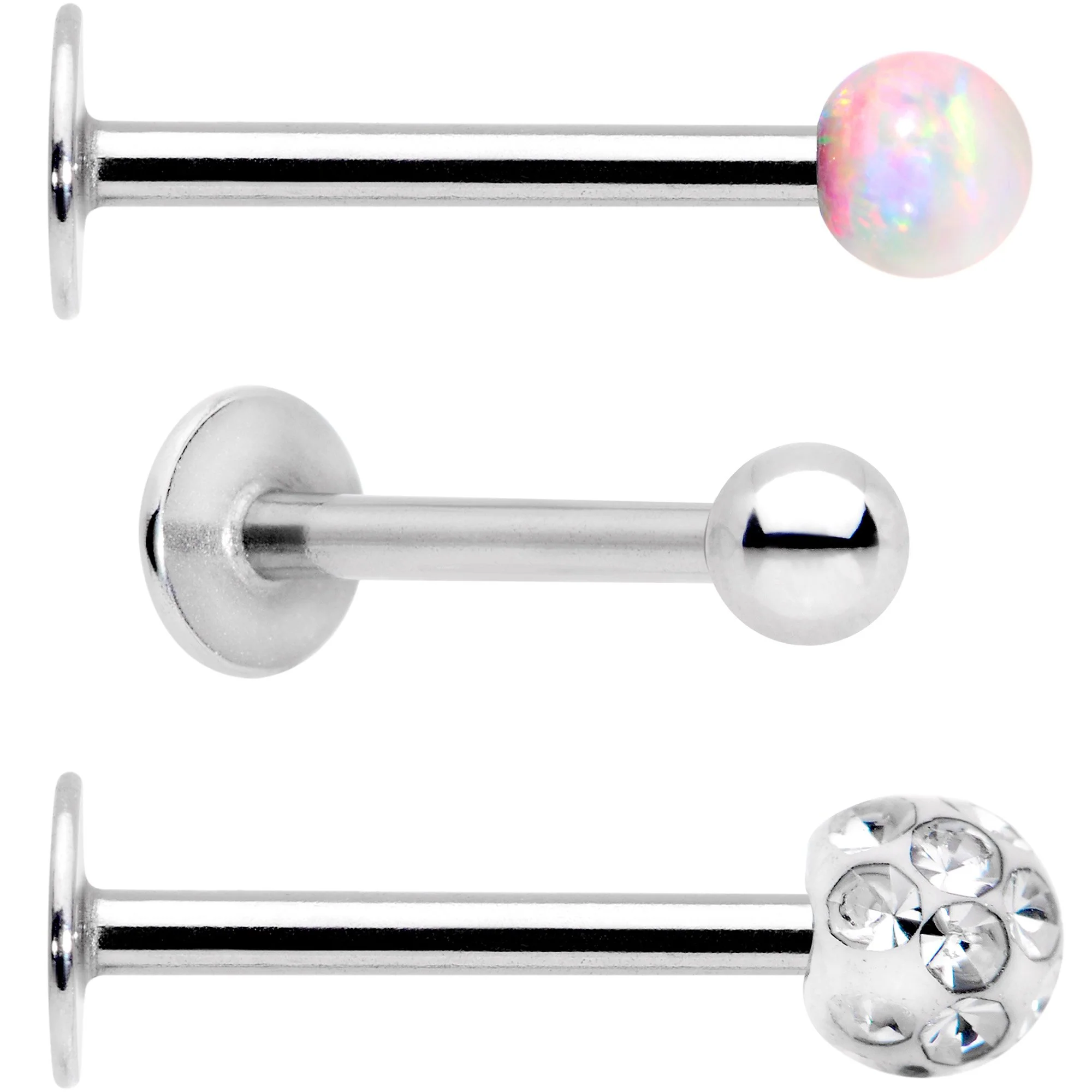 16G 3/8 White Faux Opal Ball Labret Monroe Tragus 3 Pack Set - Image 2