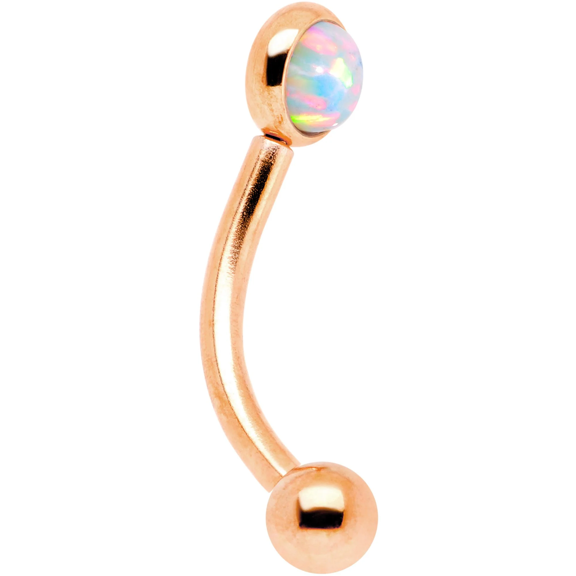 16G 5/16 White Synthetic Opal Flat Set Rose Gold IP Curved Eyebrow Rook Piercing - Image 2