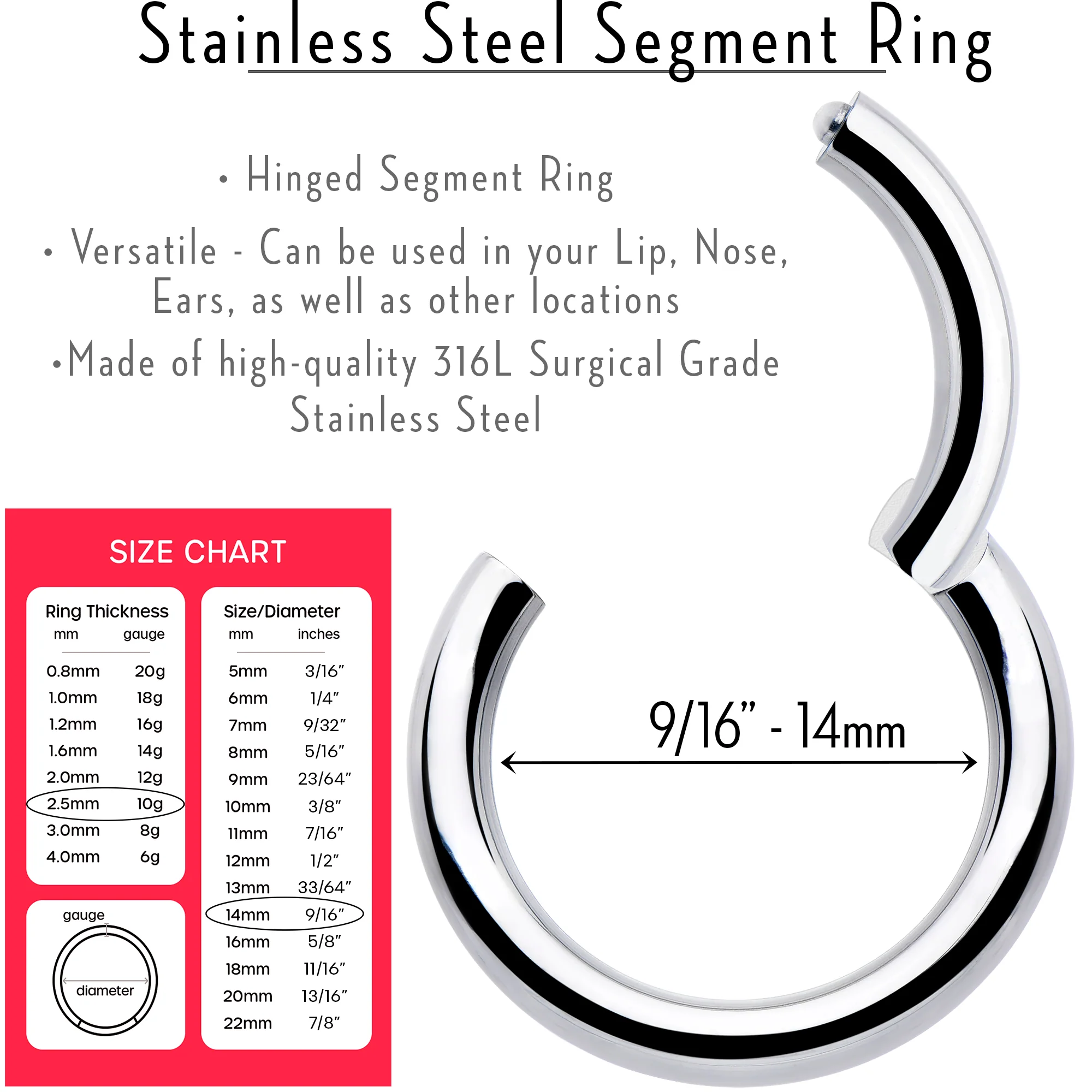 10G 9/16 316L Surgical Steel Precision Hinged Segment Hoop - Image 3