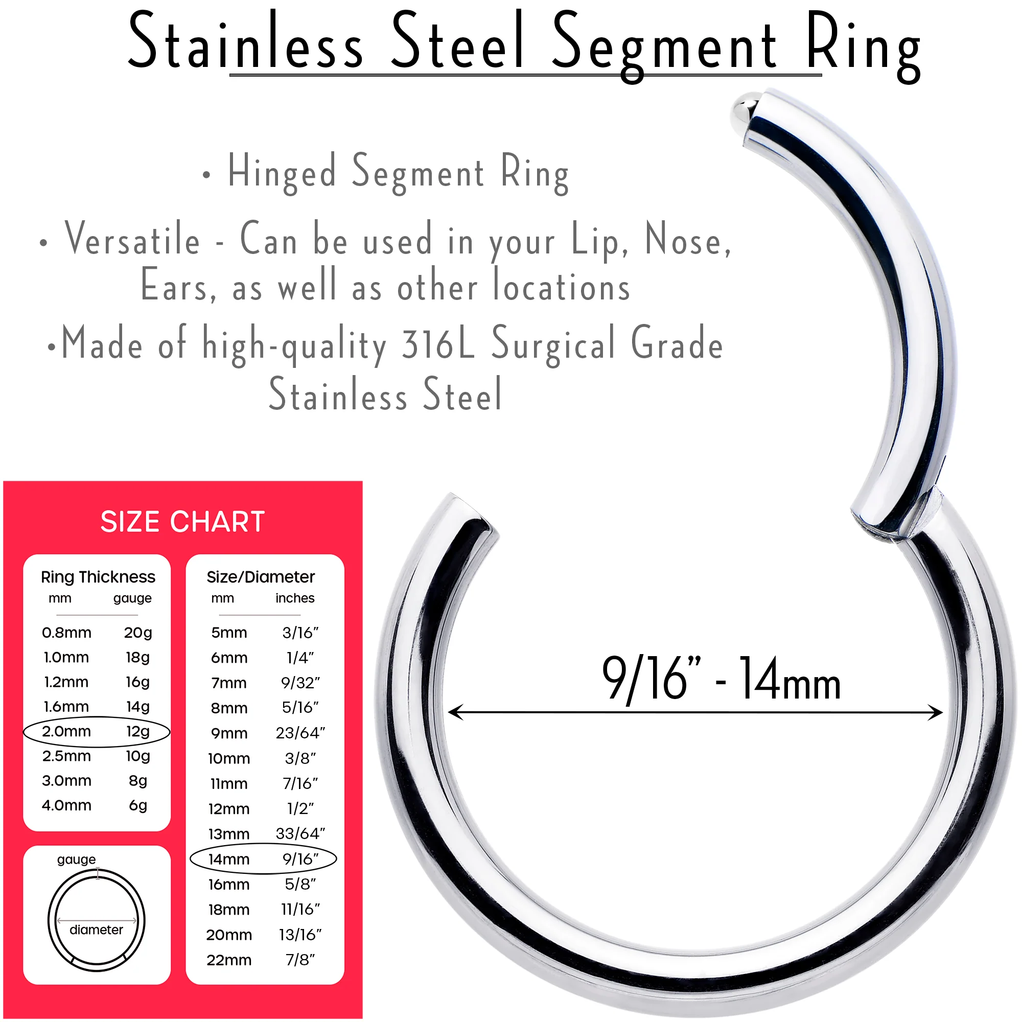 12G 9/16 316L Surgical Steel Precision Hinged Segment Hoop - Image 3