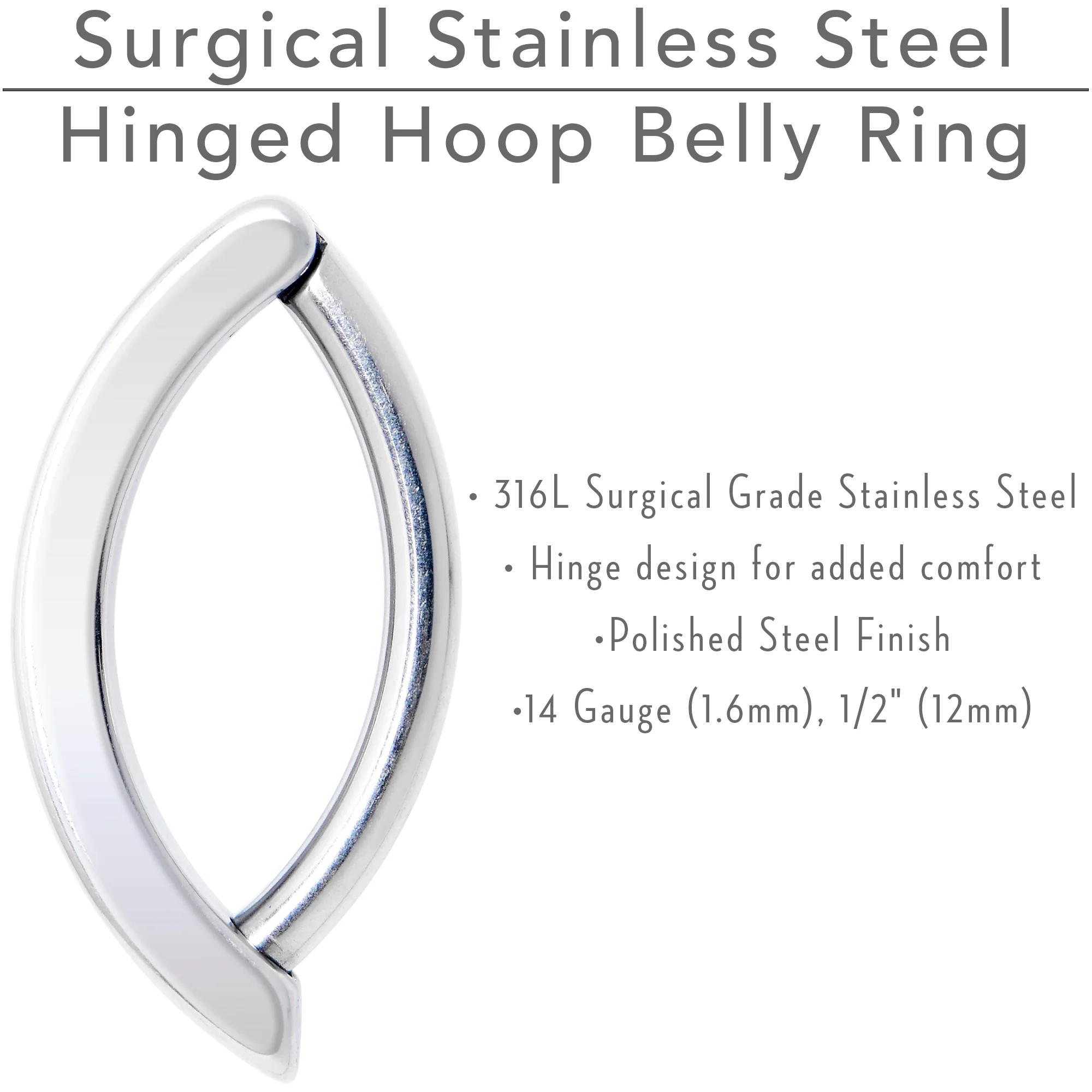 14G 1/2 316L Surgical Steel Smooth Style Hinged Hoop Belly Ring - Image 8
