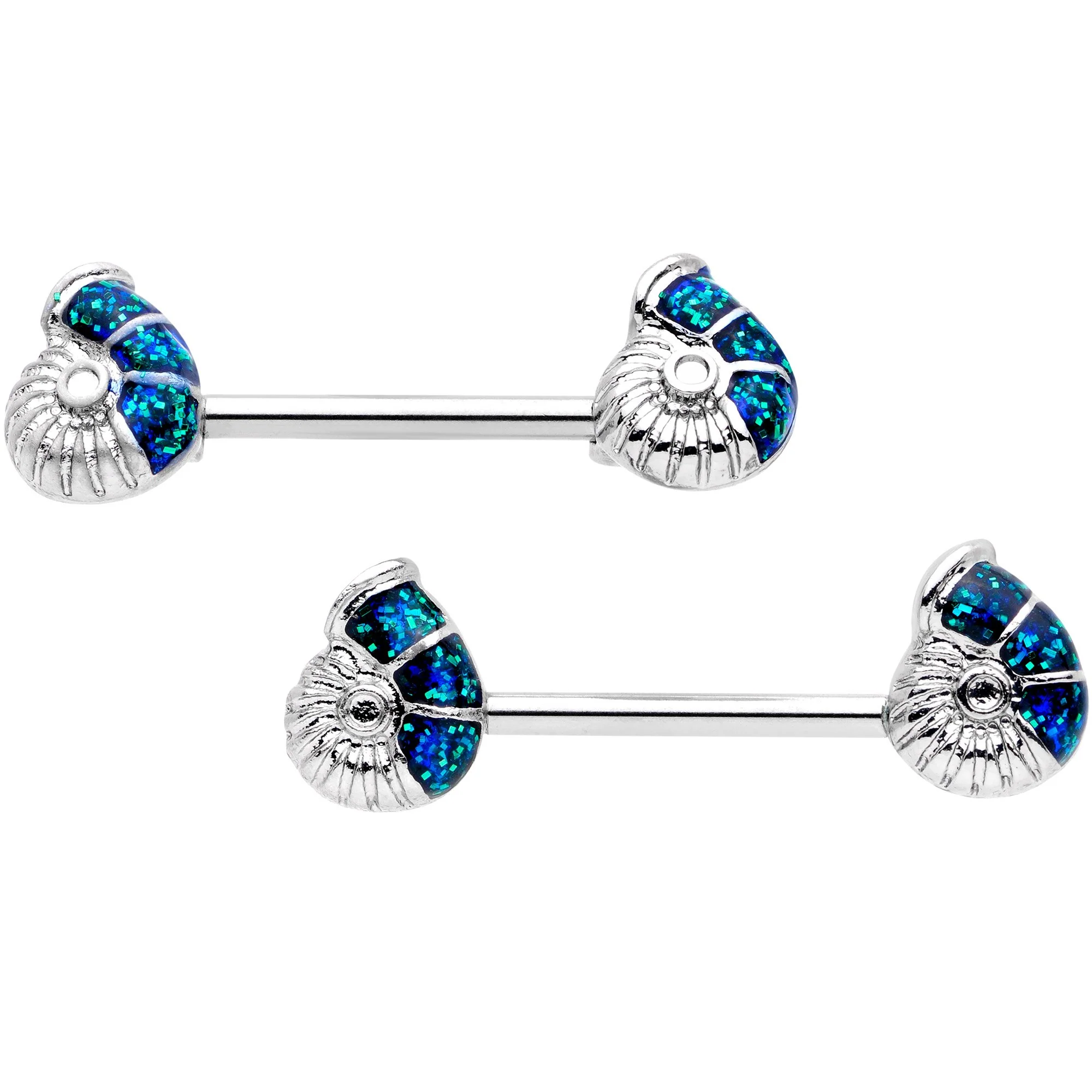 14G 1/2 9/16 Blue Seashell Twisted Horseshoe Nipple Jewelry Set - Image 2