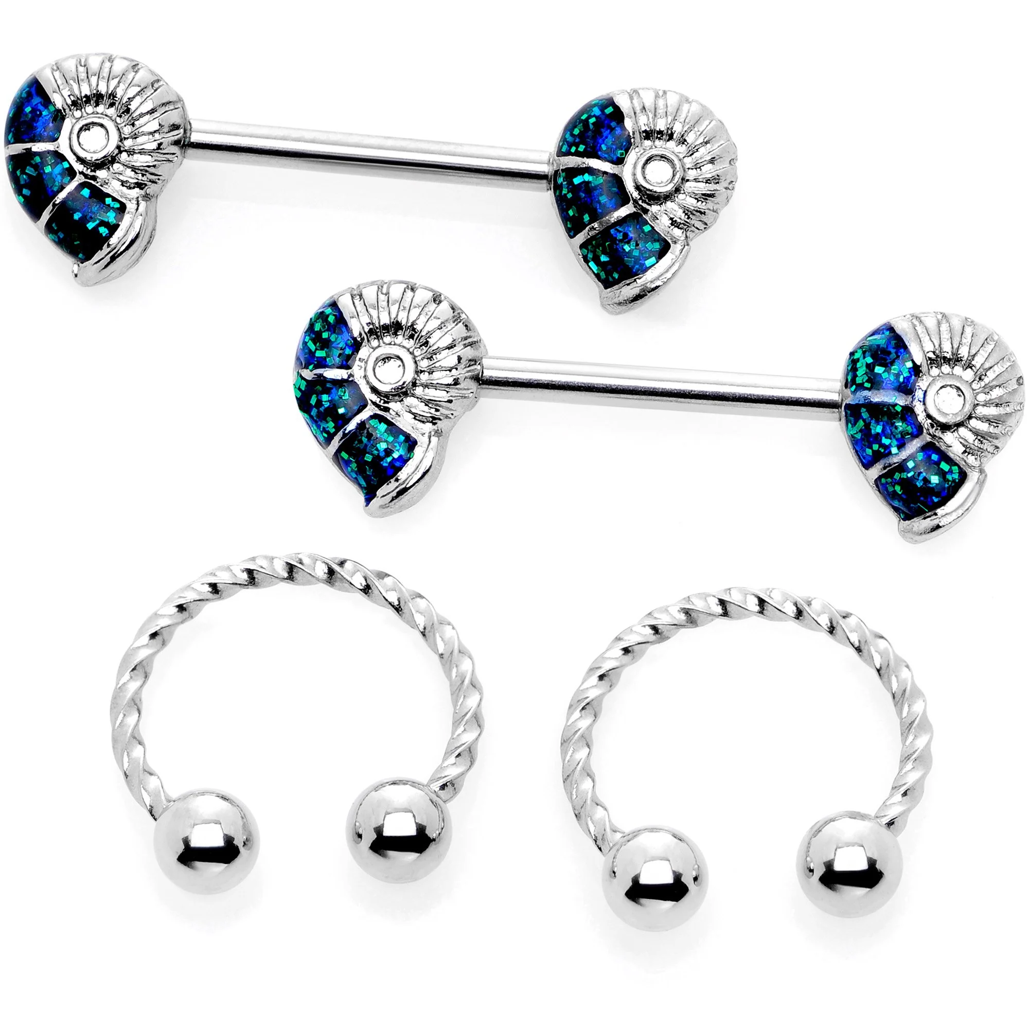 14G 1/2 9/16 Blue Seashell Twisted Horseshoe Nipple Jewelry Set - Image 4
