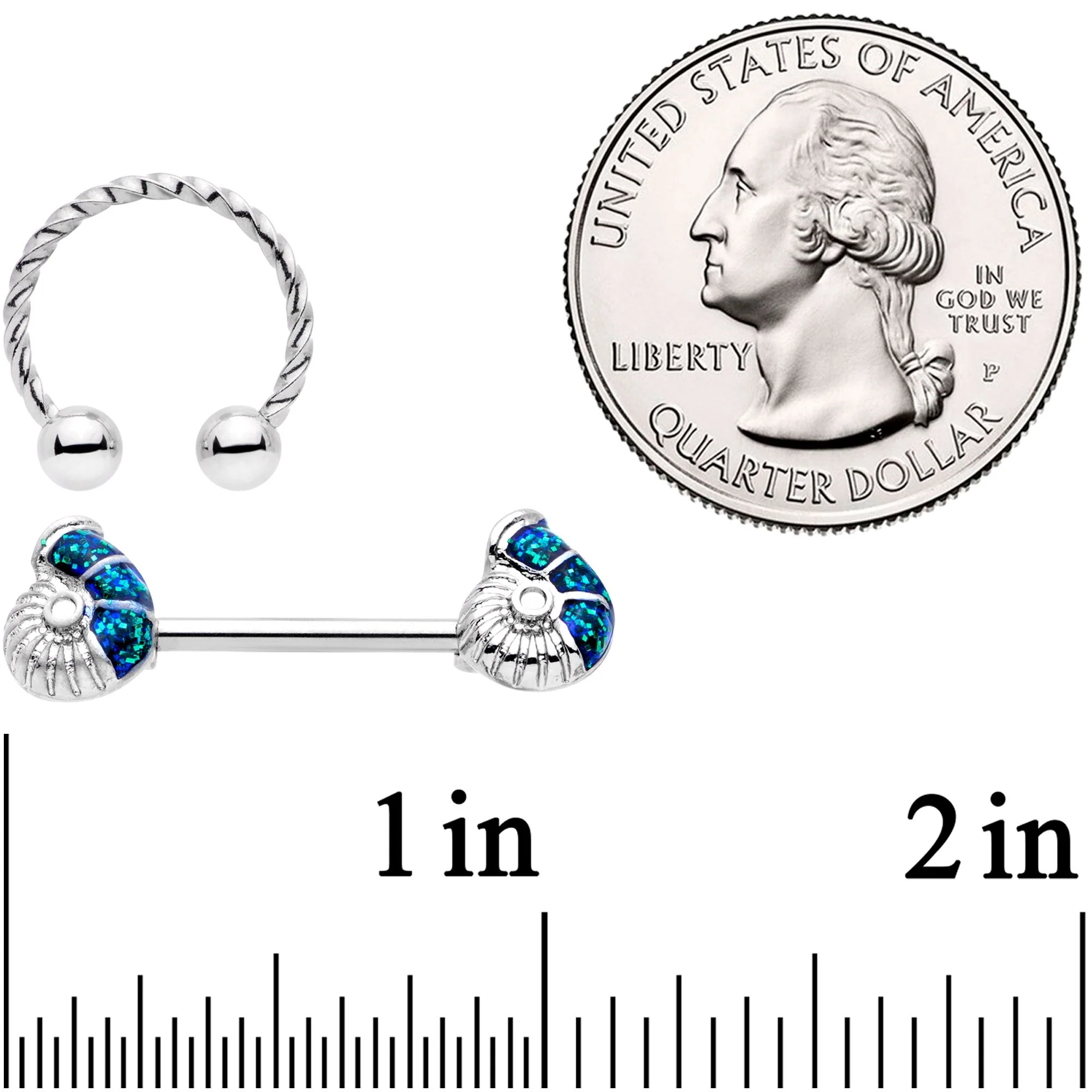 14G 1/2 9/16 Blue Seashell Twisted Horseshoe Nipple Jewelry Set - Image 5