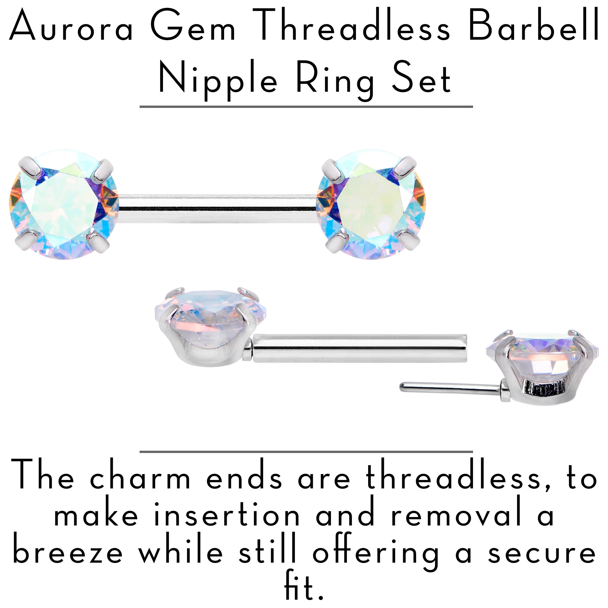 14G 1/2 Aurora CZ Gem Threadless Barbell Nipple Ring Set - Image 2