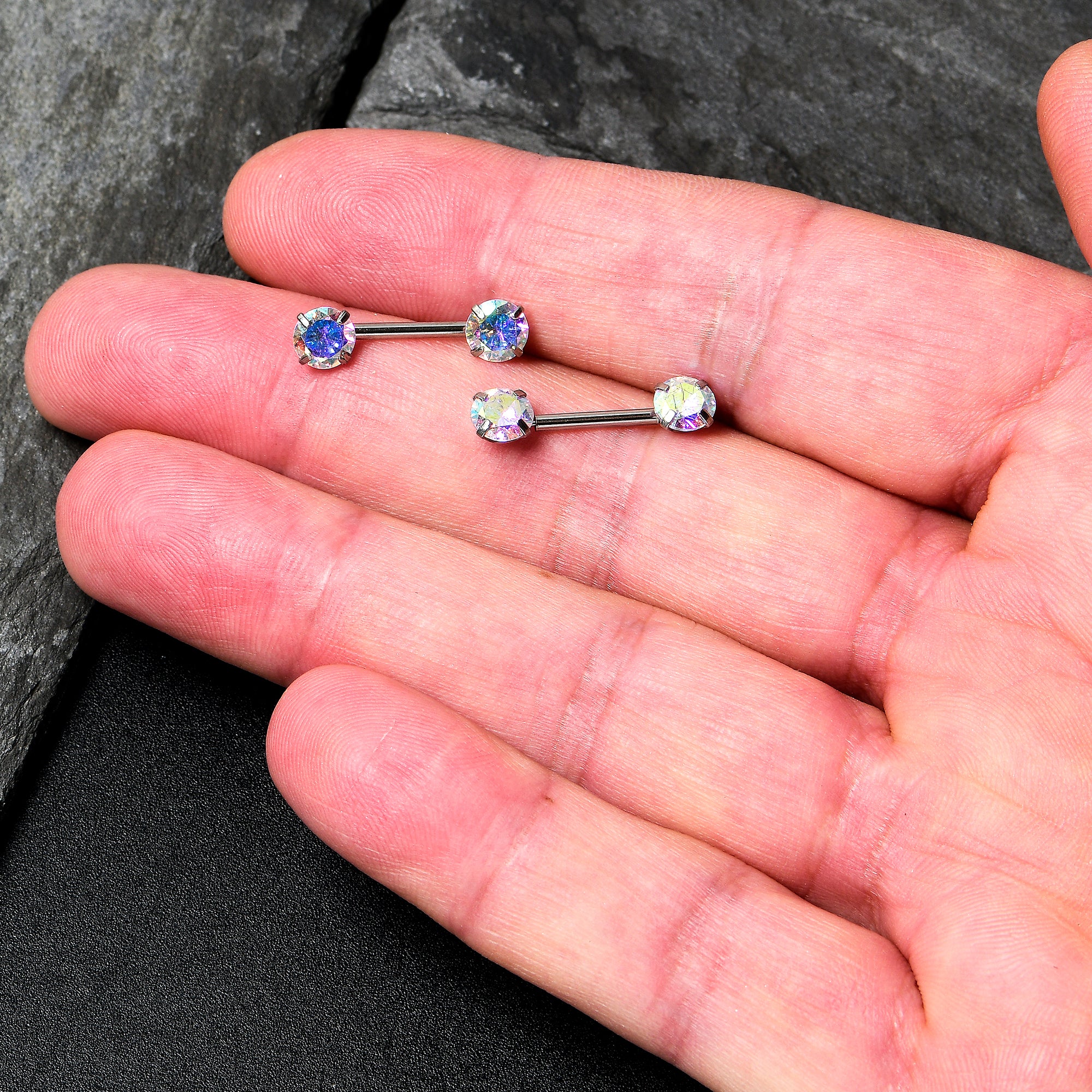 14G 1/2 Aurora CZ Gem Threadless Barbell Nipple Ring Set - Image 3
