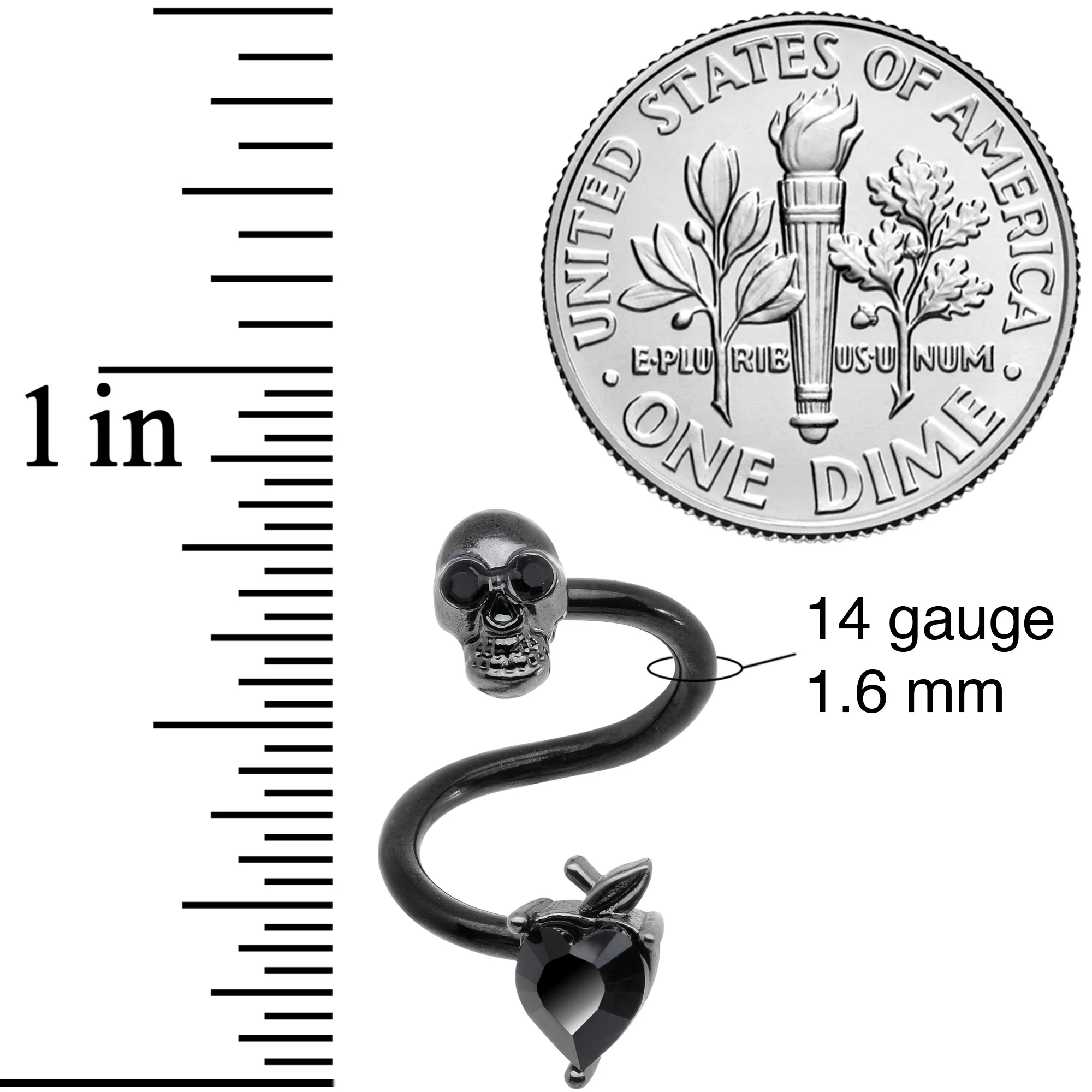 14G 1/2 Black CZ Gem Halloween Skull Spiral Twister Belly Ring - Image 2