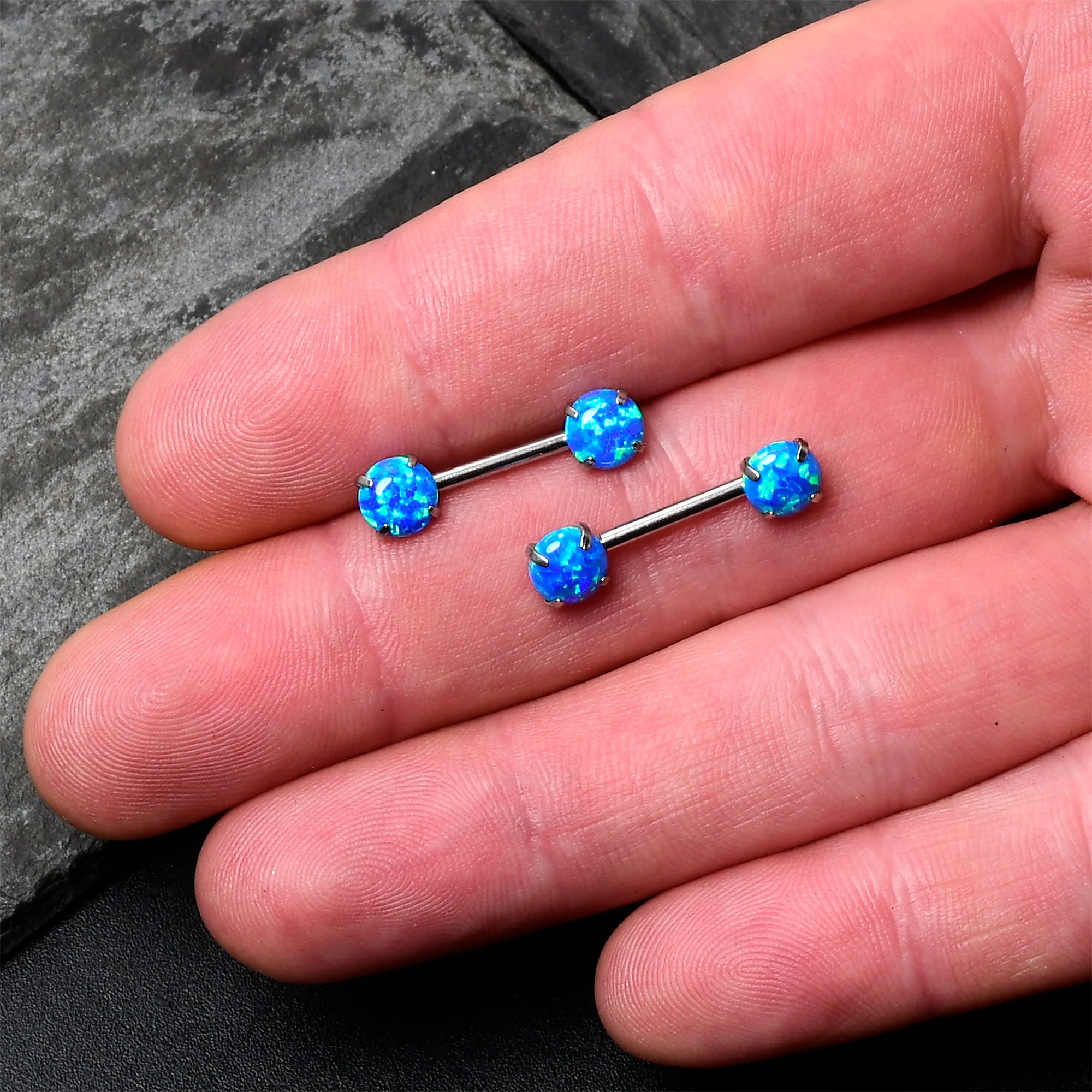 14G 1/2 Blue Synthetic Opal Threadless Barbell Nipple Ring Set - Image 5