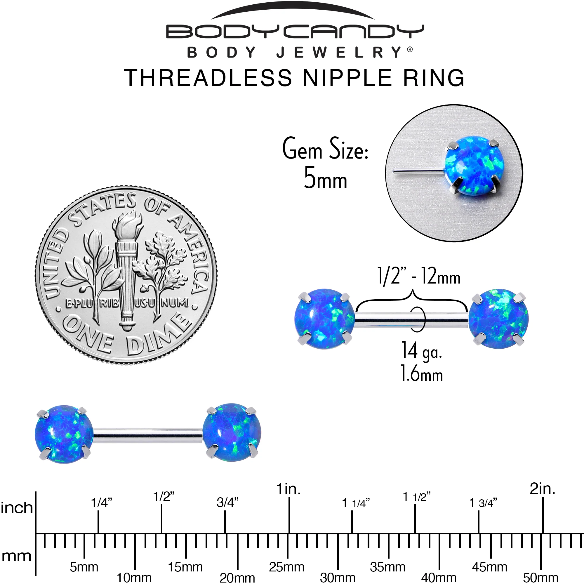 14G 1/2 Blue Synthetic Opal Threadless Barbell Nipple Ring Set - Image 6