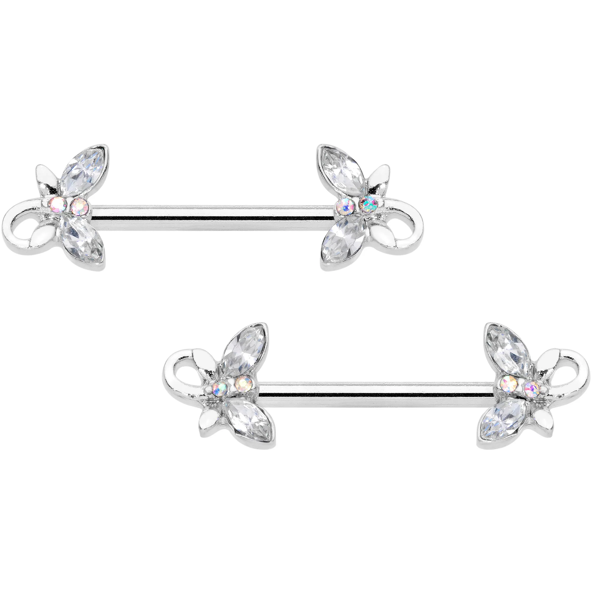 14G 1/2 Clear Aurora Gem Loop Butterfly Barbell Nipple Ring Set