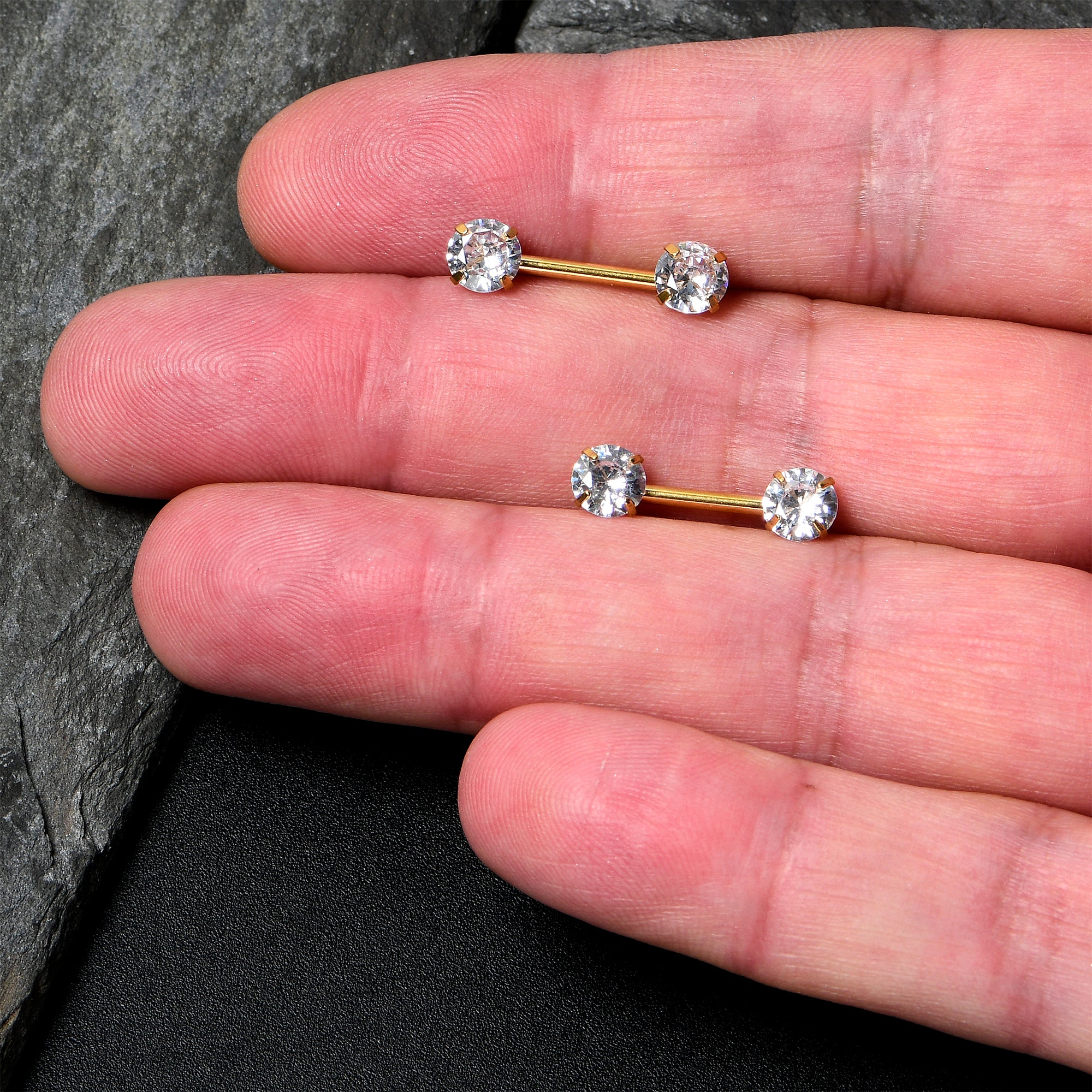 14G 1/2 Clear CZ Gem Gold Tone Threadless Nipple Ring Set - Image 7