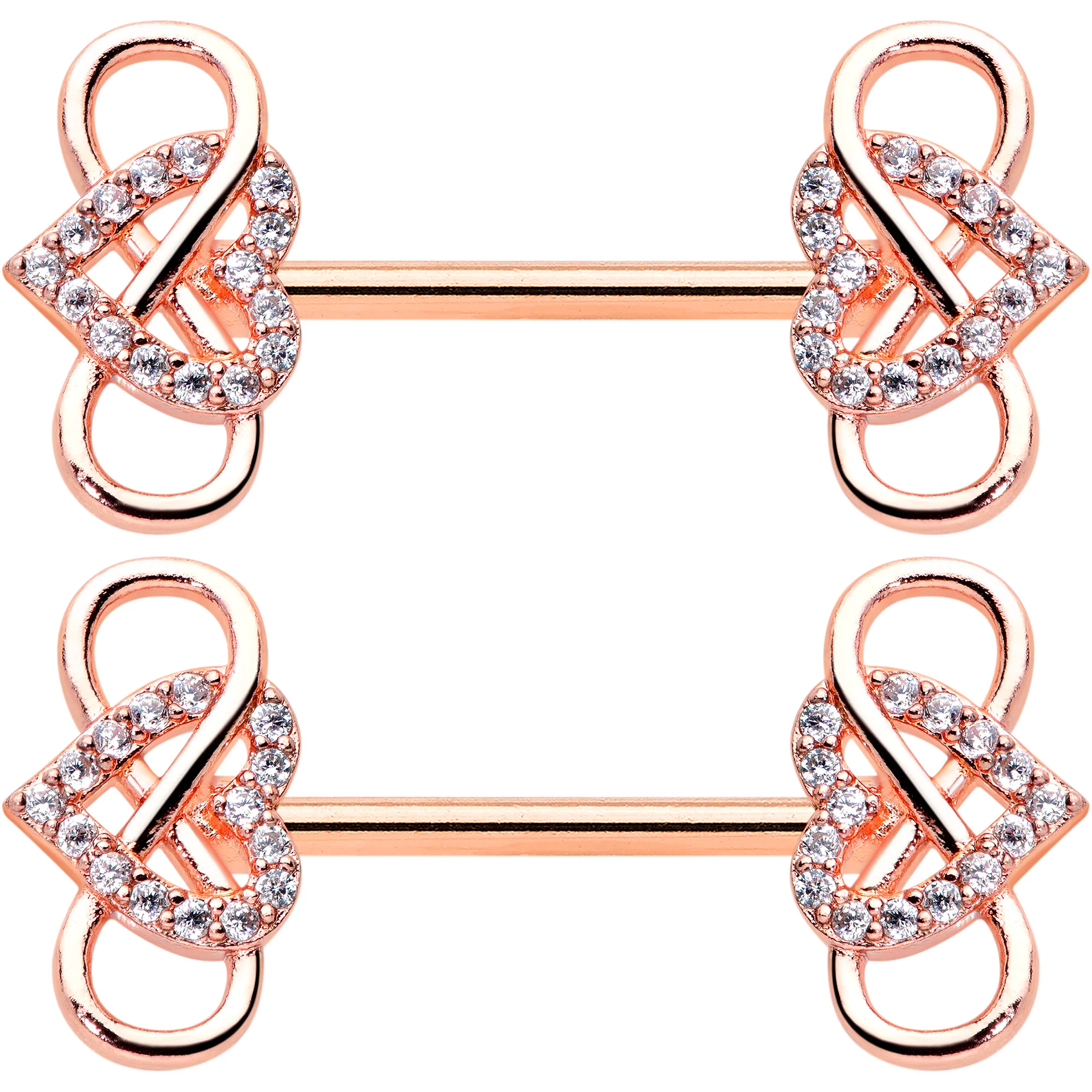 14G 1/2 Clear CZ Gem Rose Gold Hue Infinity Heart Nipple Ring Set - Image 2