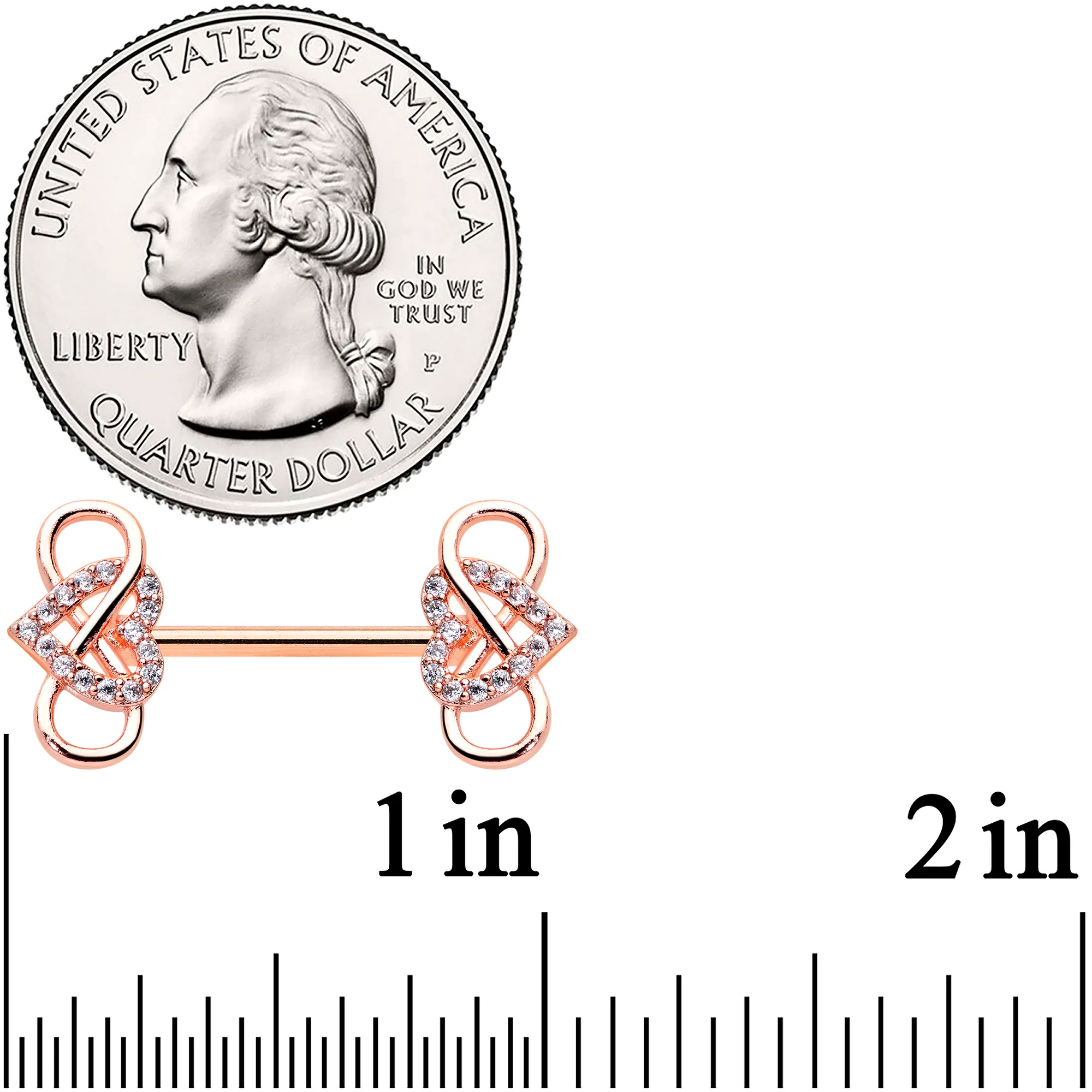 14G 1/2 Clear CZ Gem Rose Gold Hue Infinity Heart Nipple Ring Set - Image 3