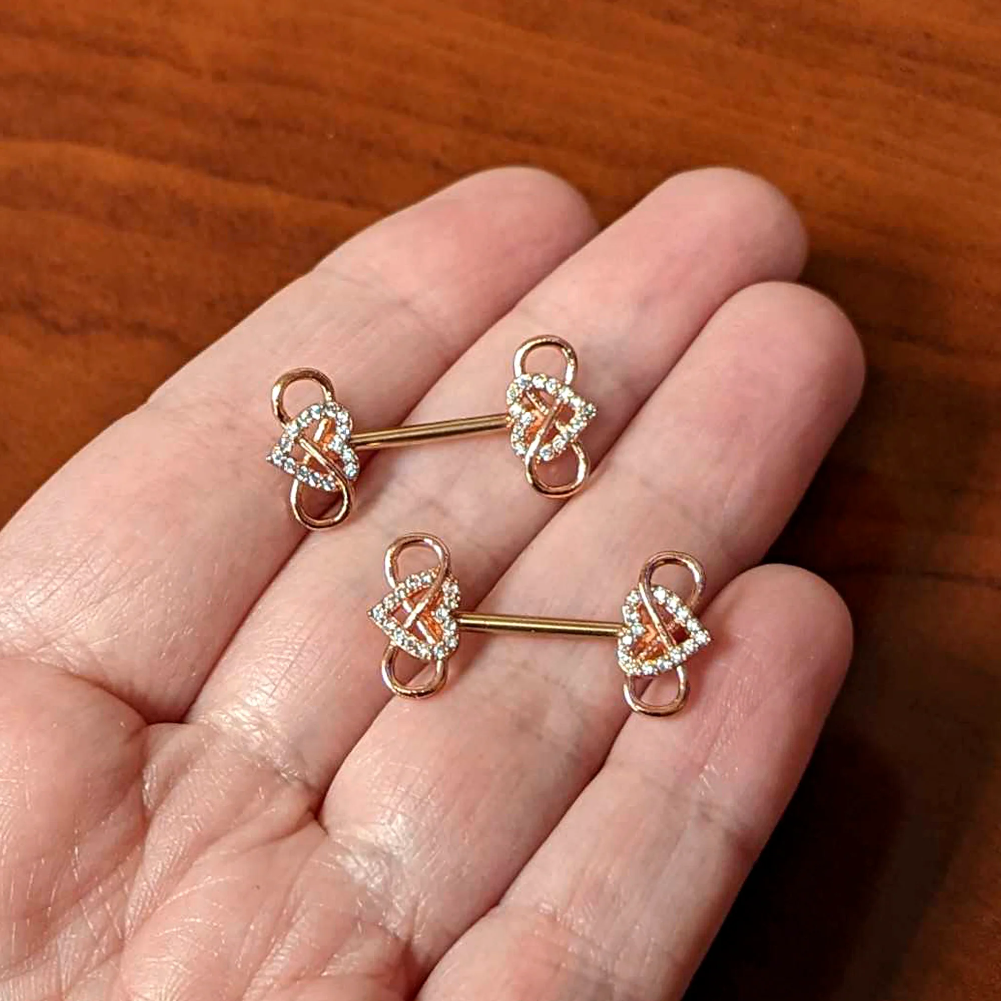 14G 1/2 Clear CZ Gem Rose Gold Hue Infinity Heart Nipple Ring Set - Image 4
