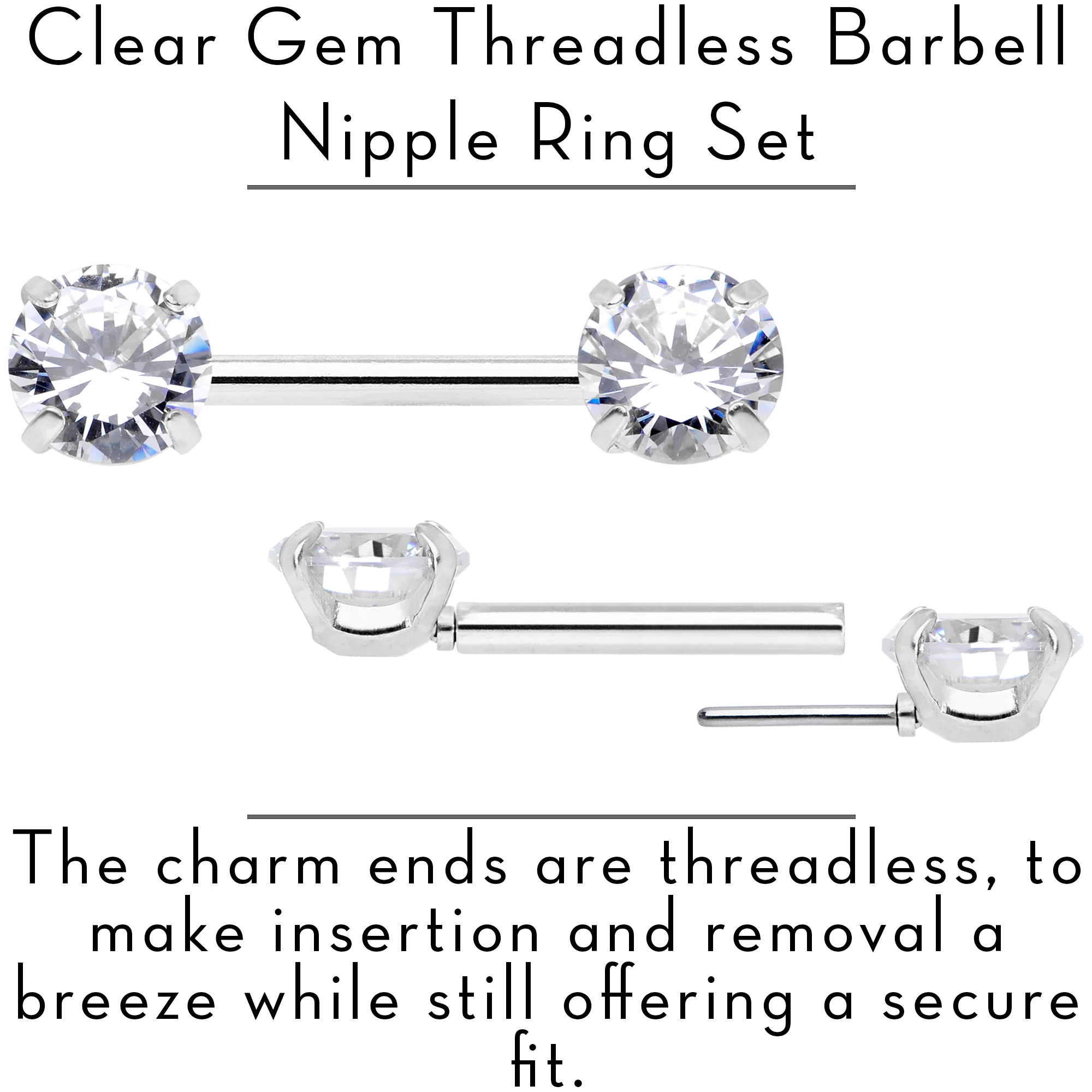 14G 1/2 Clear CZ Gem Threadless Barbell Nipple Ring Set - Image 2