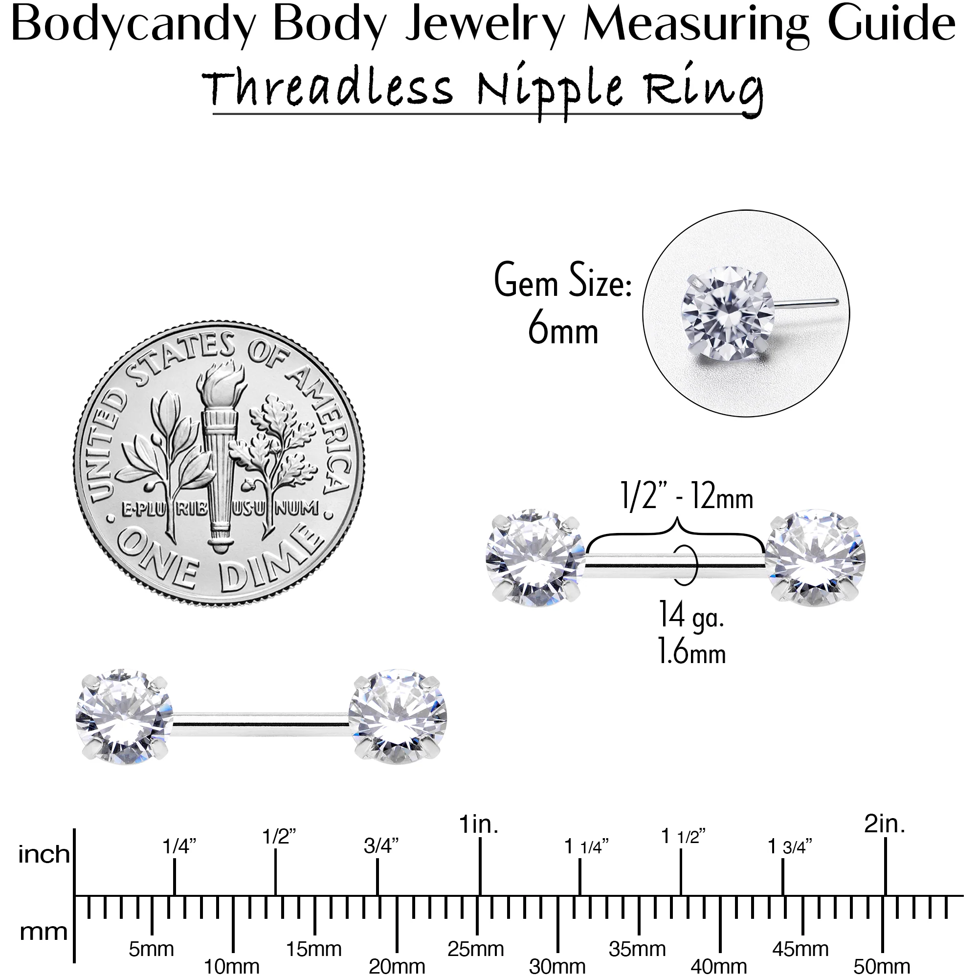 14G 1/2 Clear CZ Gem Threadless Barbell Nipple Ring Set - Image 4