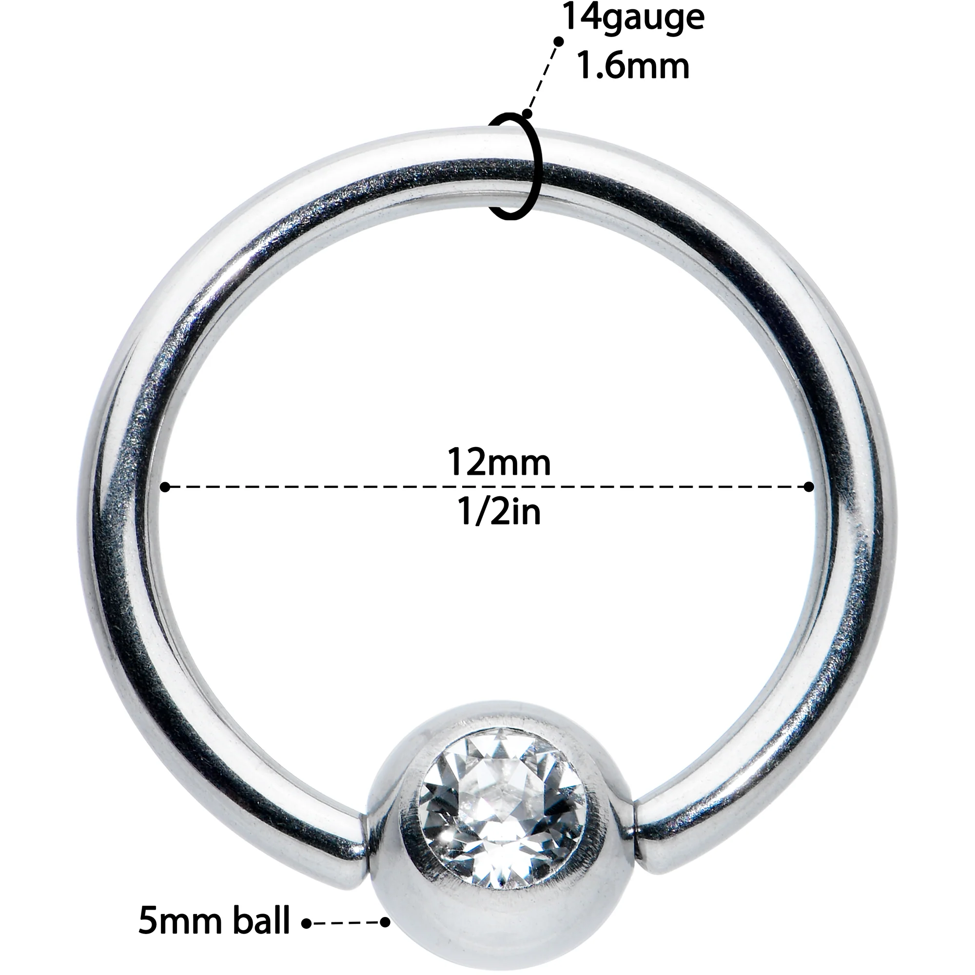 14G 1/2 Clear Gem BCR Captive Bead Ring - Image 3