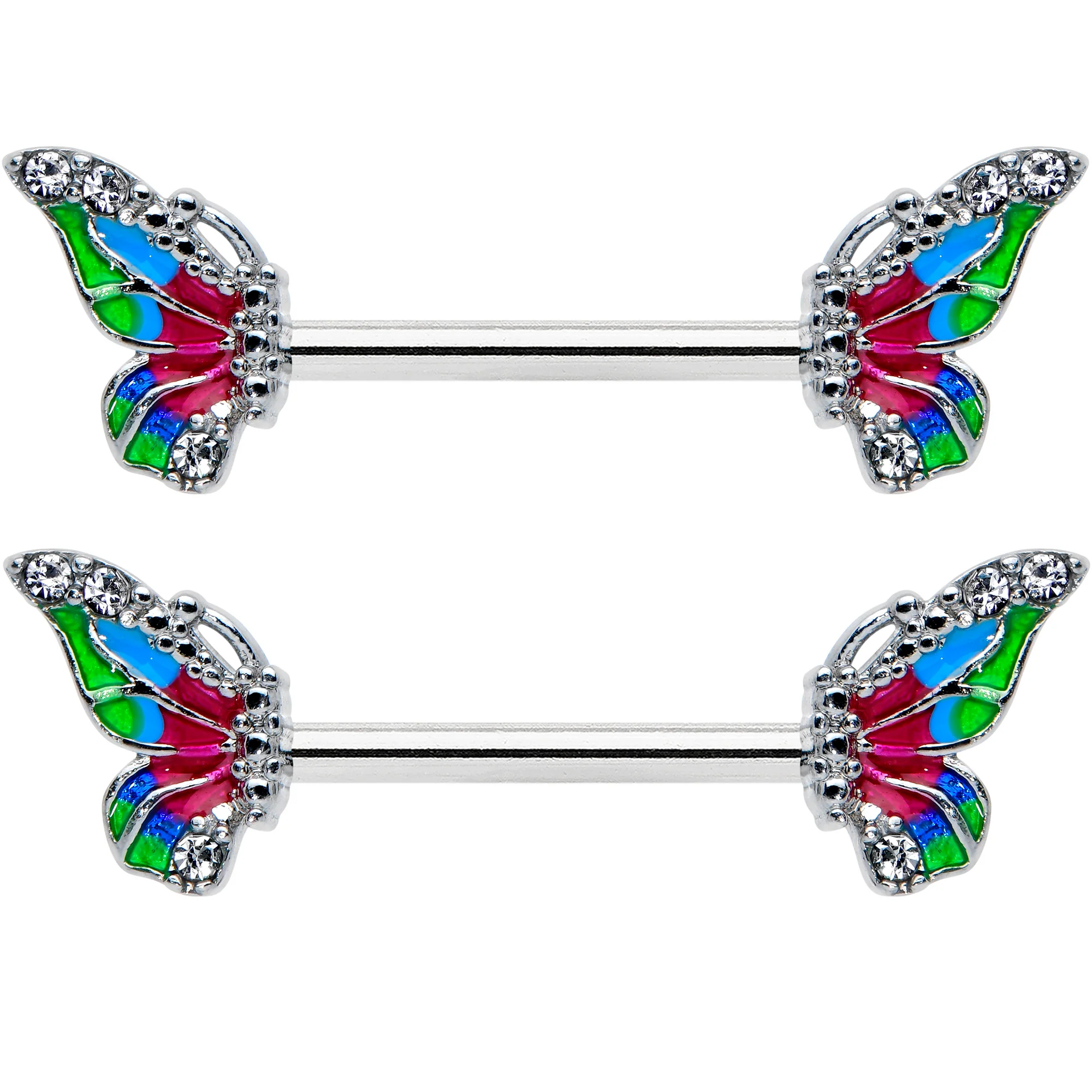 14G 1/2 Clear Gem Bright Beauty Butterfly Barbell Nipple Ring Set - Image 2