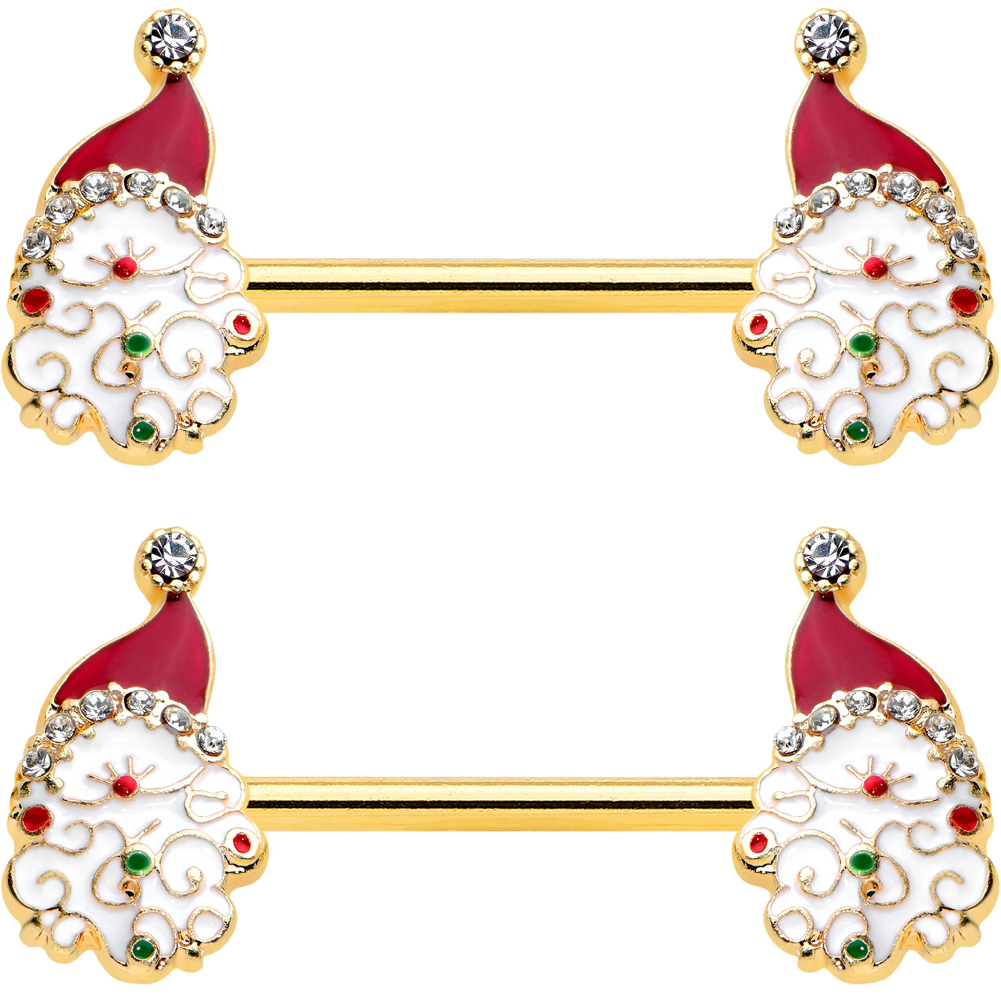 14G 1/2 Clear Gem Gold Tone Decorated Santa Barbell Nipple Ring Set - Image 2