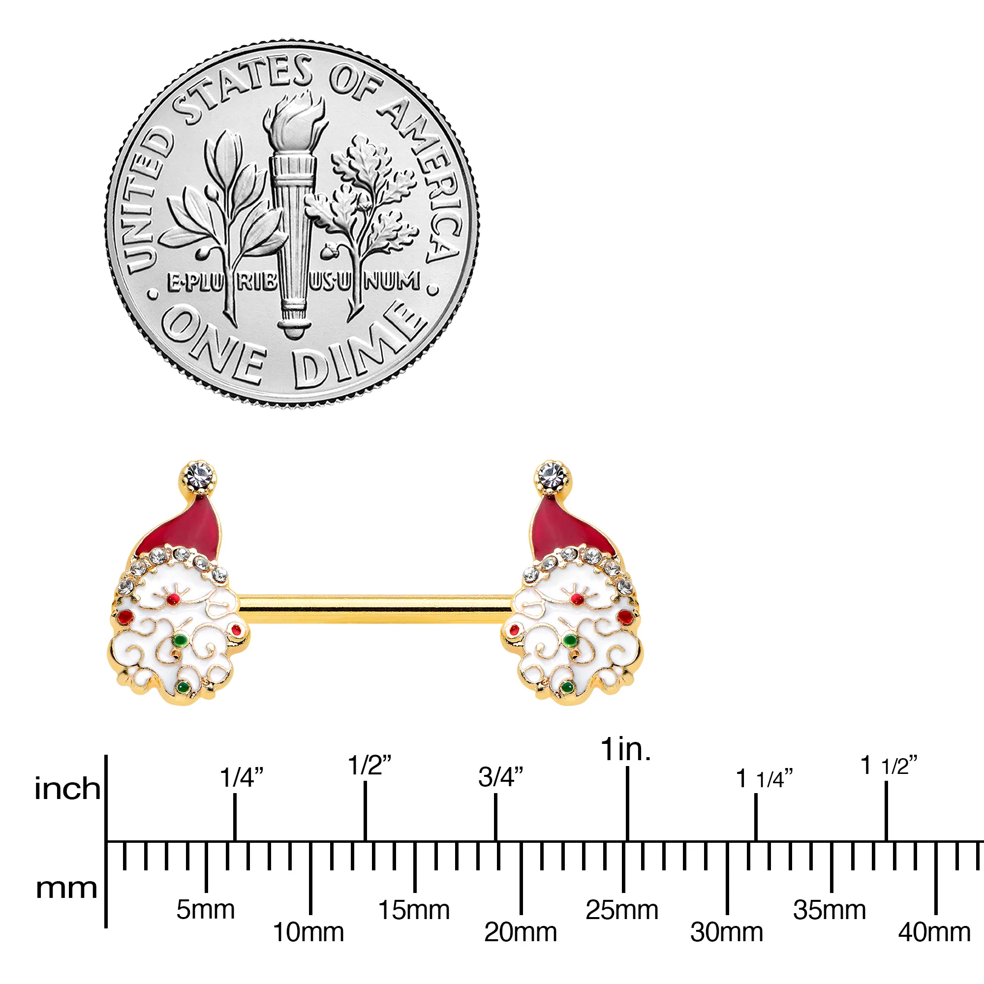 14G 1/2 Clear Gem Gold Tone Decorated Santa Barbell Nipple Ring Set - Image 3