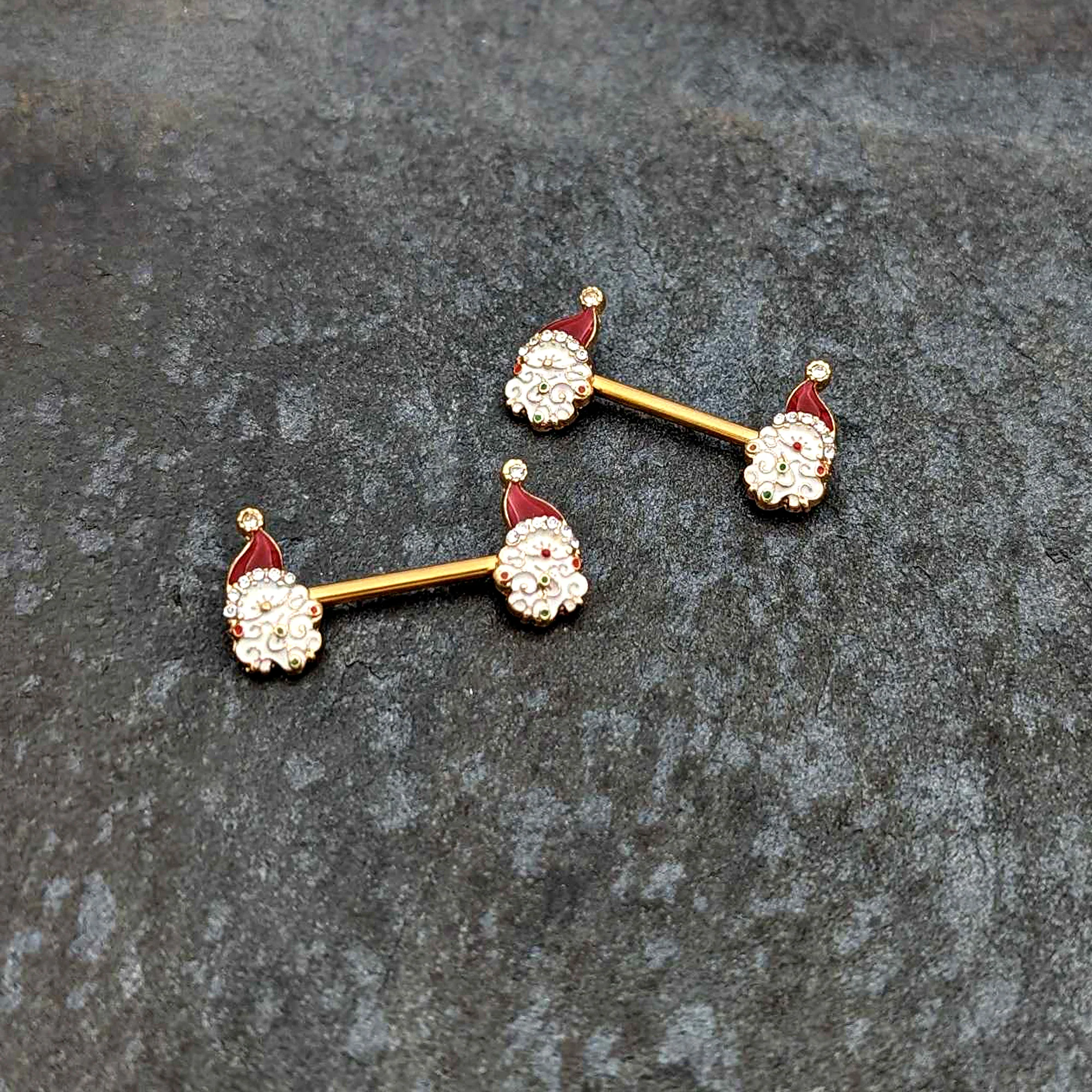 14G 1/2 Clear Gem Gold Tone Decorated Santa Barbell Nipple Ring Set - Image 4
