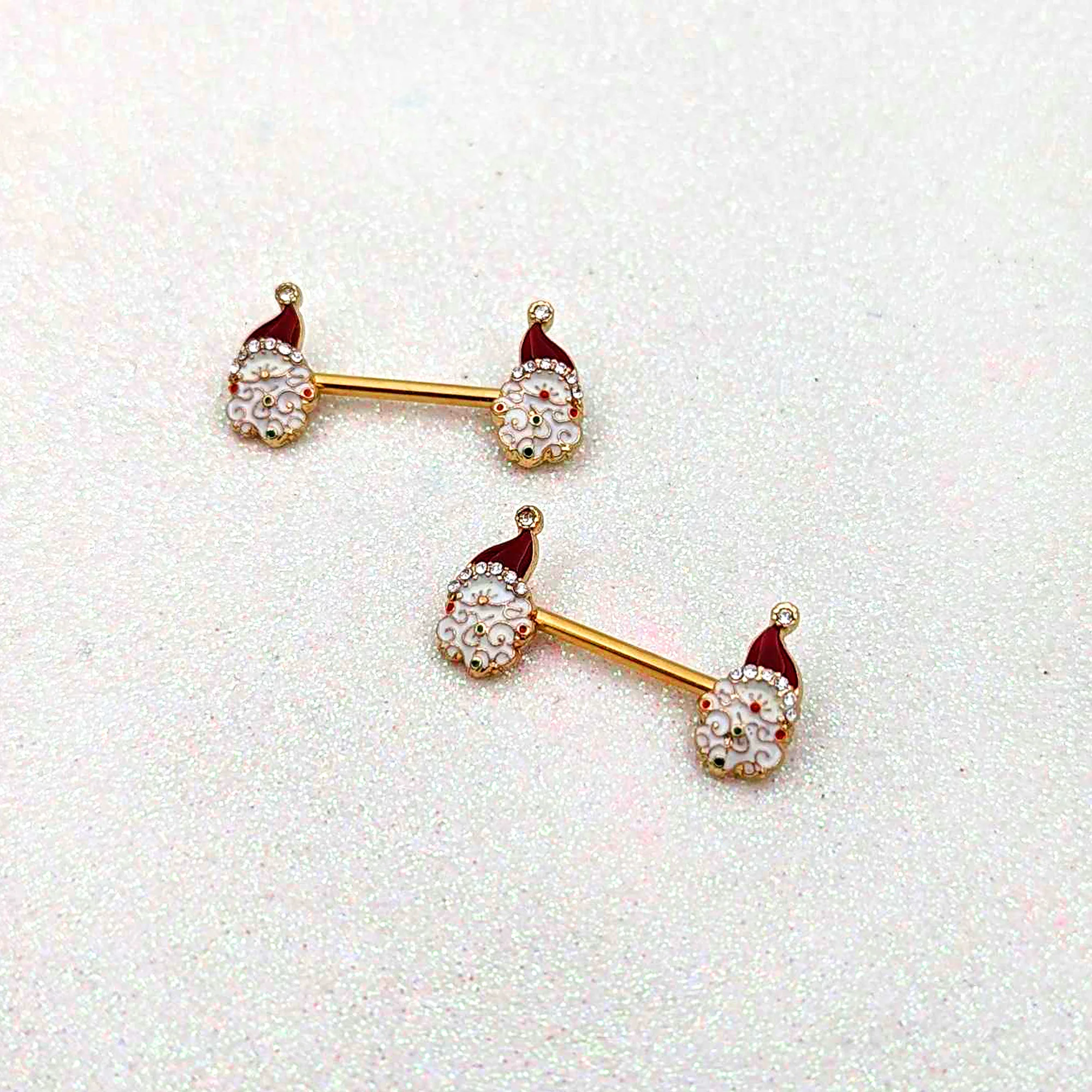 14G 1/2 Clear Gem Gold Tone Decorated Santa Barbell Nipple Ring Set - Image 5