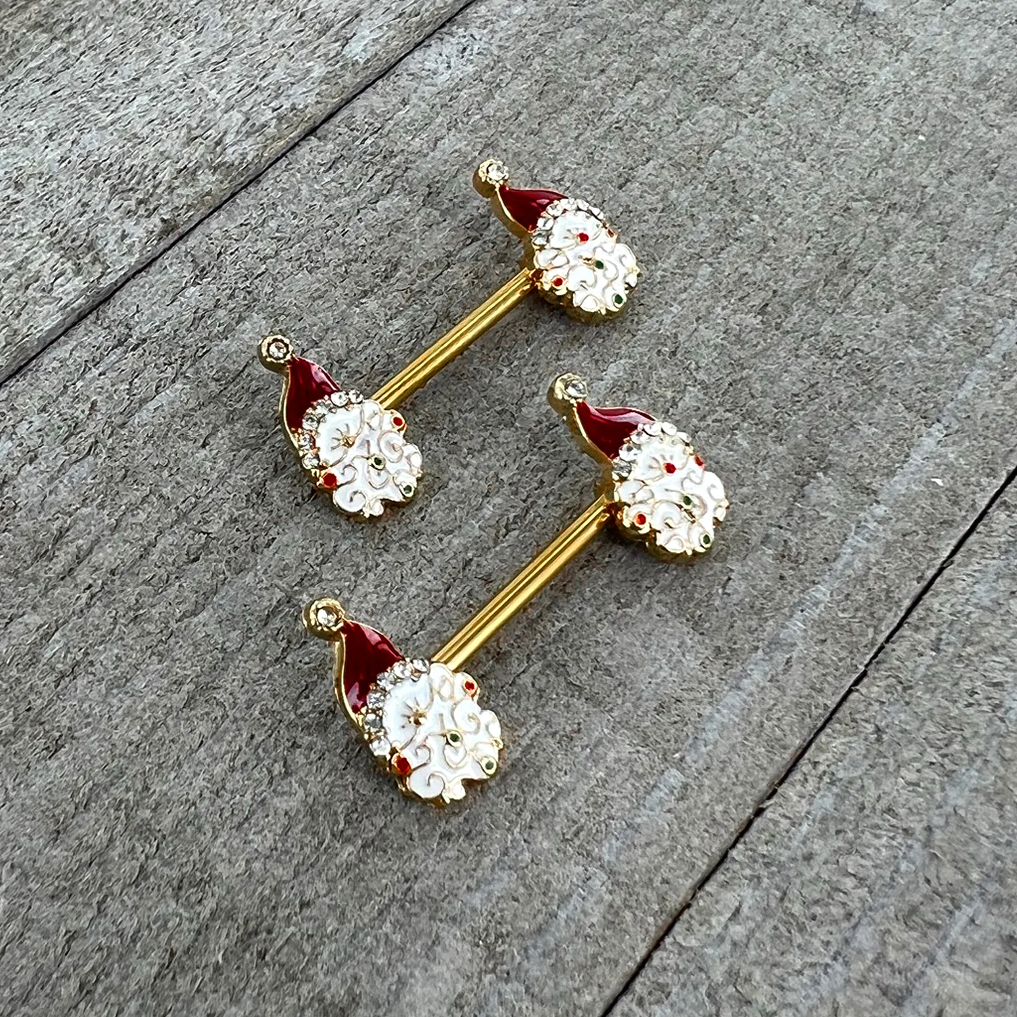 14G 1/2 Clear Gem Gold Tone Decorated Santa Barbell Nipple Ring Set - Image 6