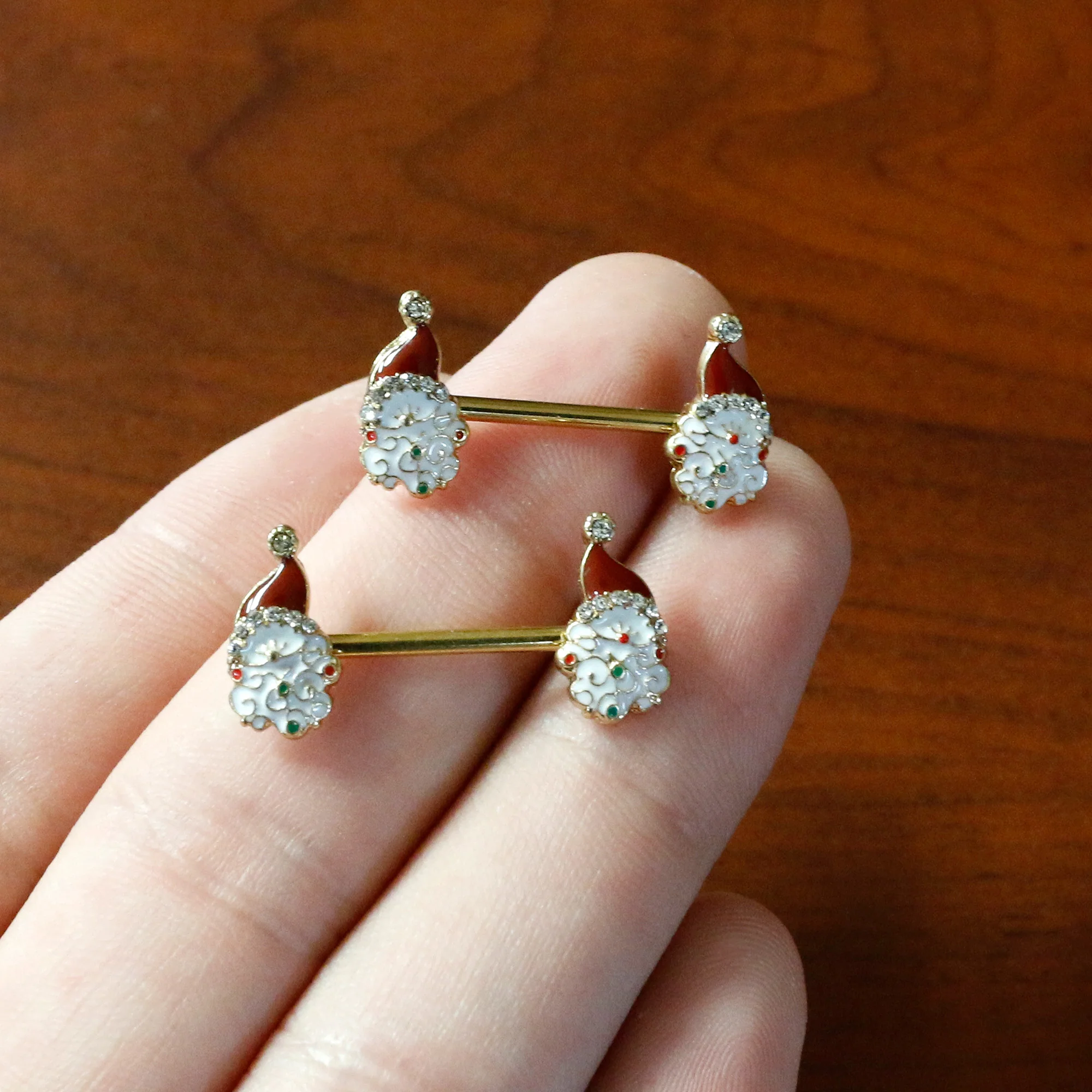 14G 1/2 Clear Gem Gold Tone Decorated Santa Barbell Nipple Ring Set - Image 7