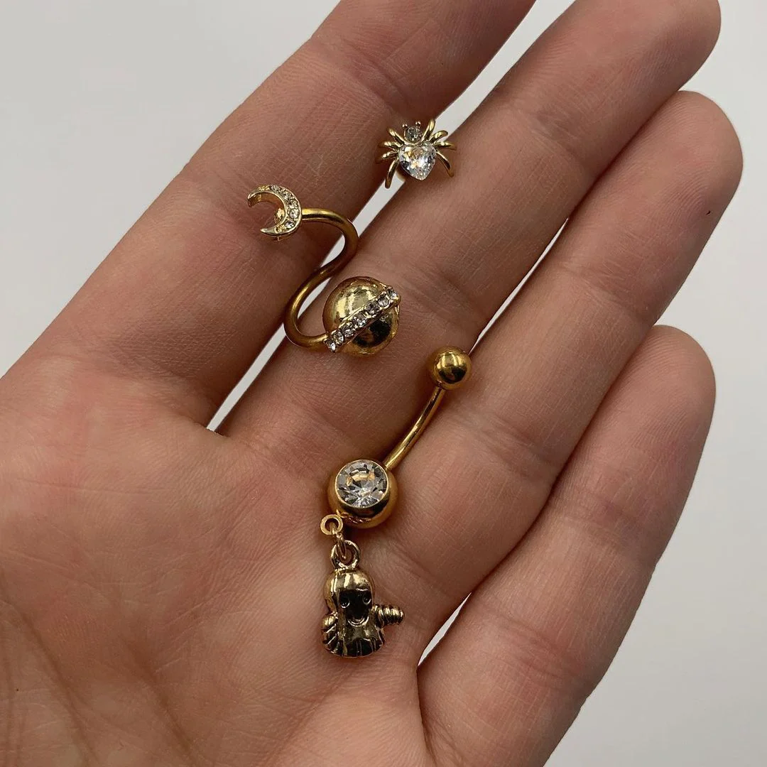 14G 1/2 Clear Gem Gold Tone Saturn Moon Spiral Twister Belly Ring - Image 2