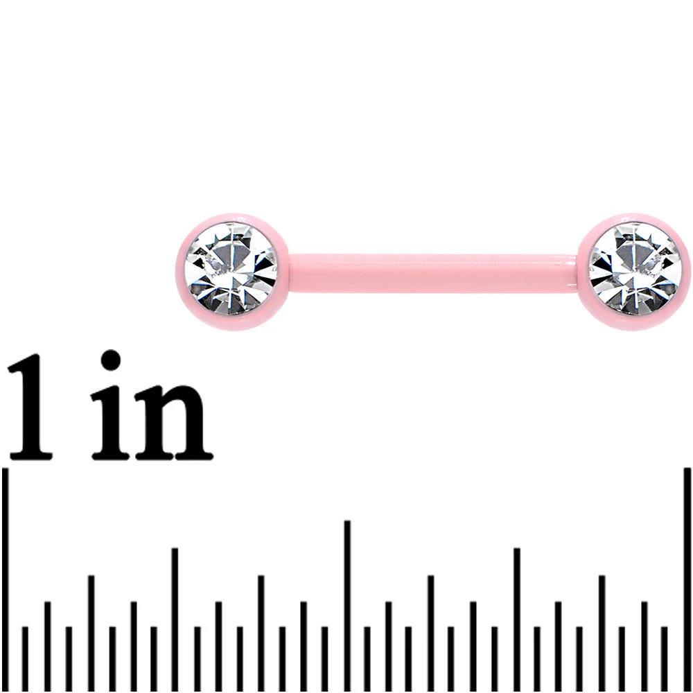 14G 1/2 Clear Gem Pink Ceramic Steel Barbell Nipple Ring Set - Image 3