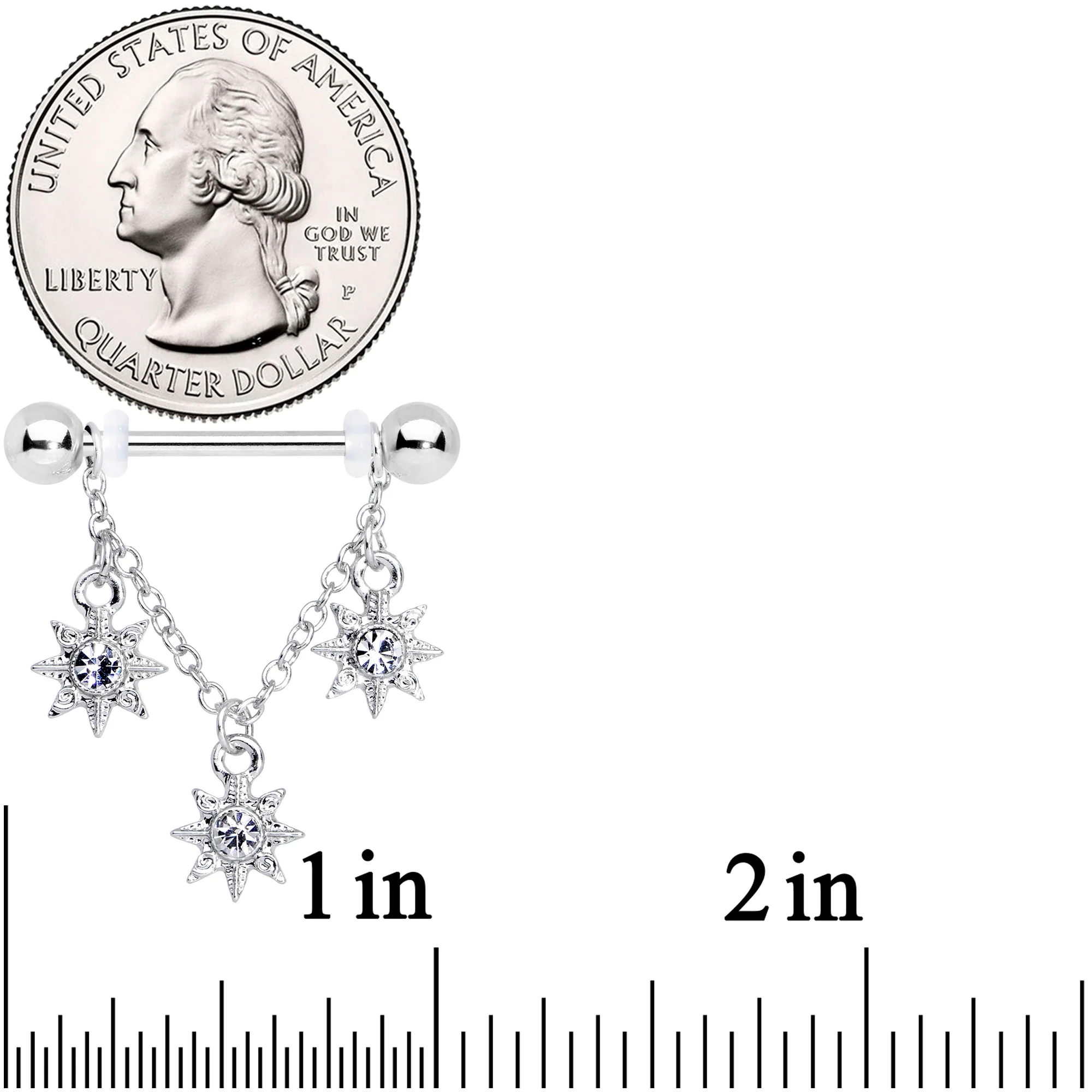 14G 1/2 Clear Gem Trio Stars Chain Dangle Nipple Ring Set - Image 2