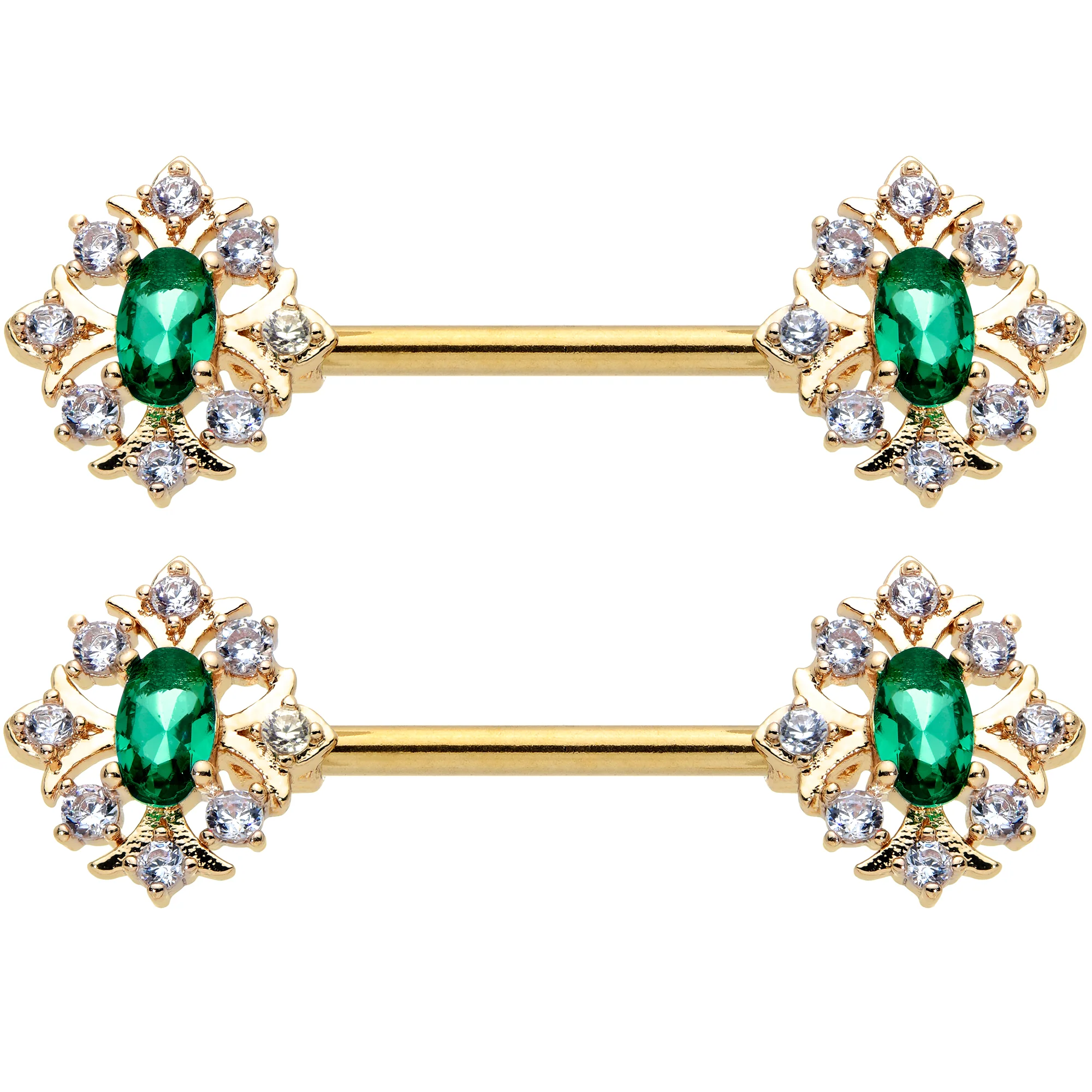 14G 1/2 Clear Green Gem Gold Hue Art Deco Barbell Nipple Ring Set - Image 2