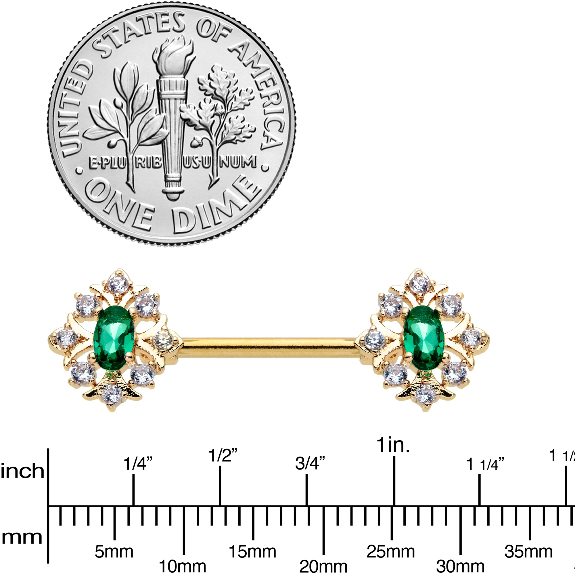 14G 1/2 Clear Green Gem Gold Hue Art Deco Barbell Nipple Ring Set - Image 3