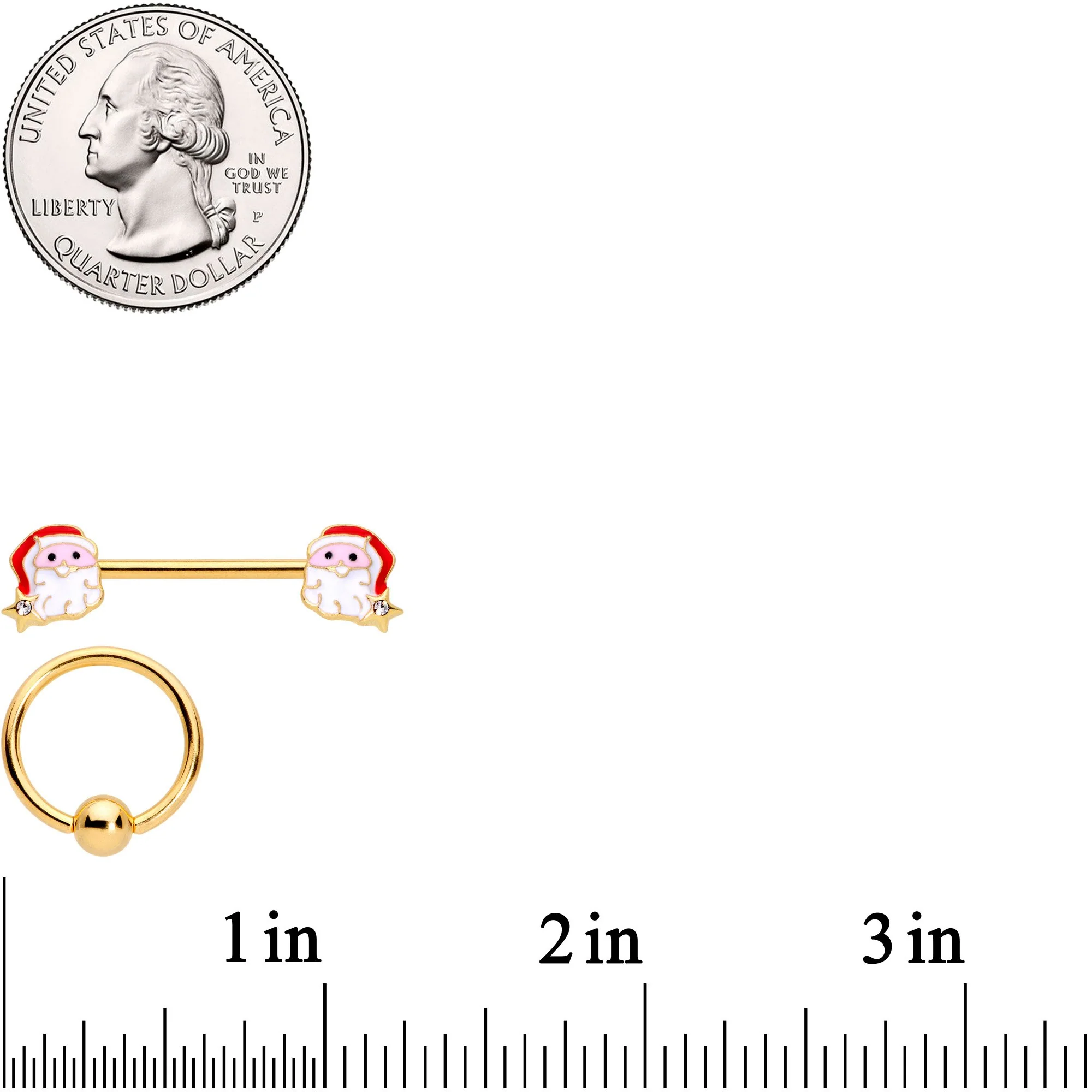 14G 1/2 Gold Tone Santa Captive Barbell Nipple Ring Set of 4 - Image 4