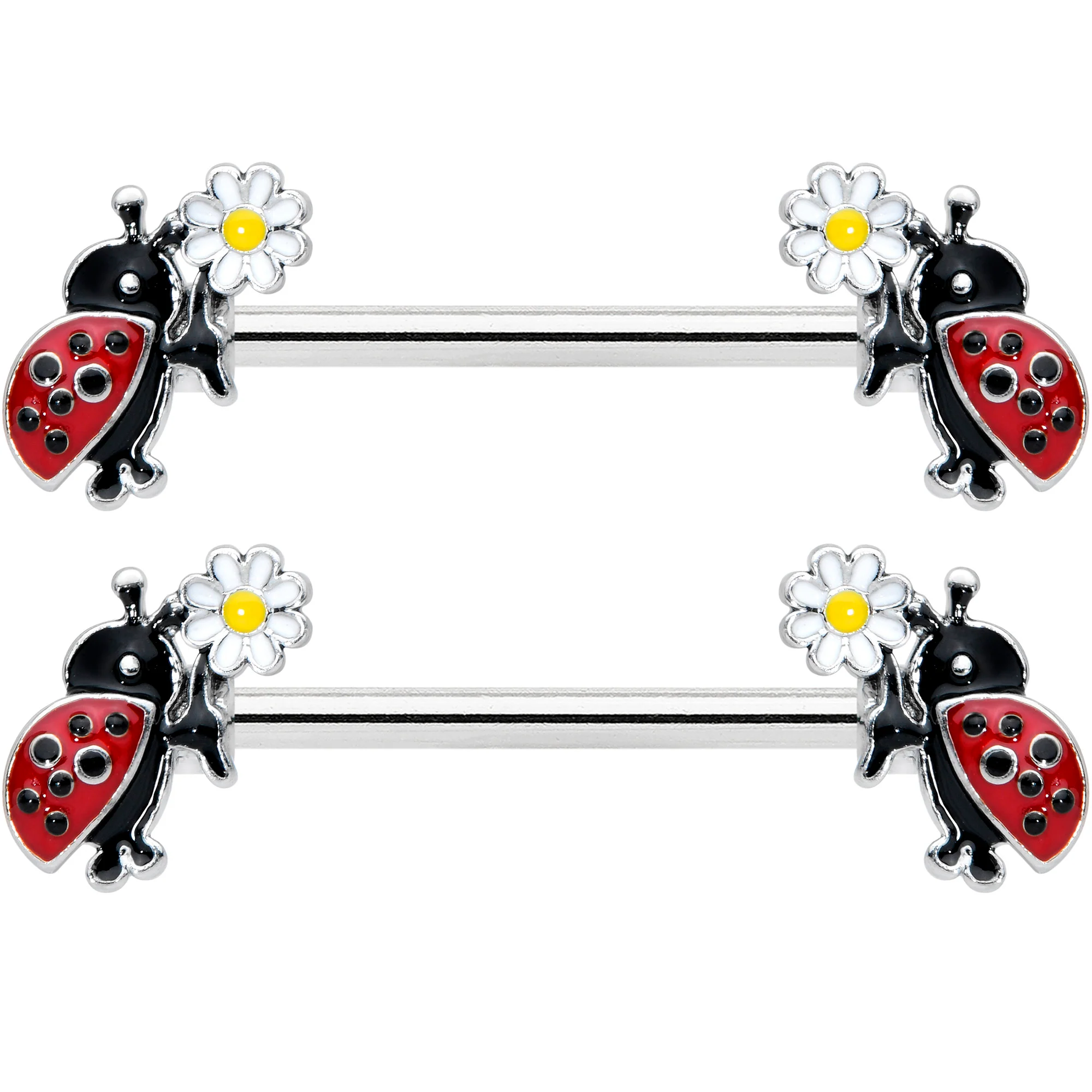 14G 1/2 Ladybug Daisy Flower Barbell Nipple Ring Set - Image 2