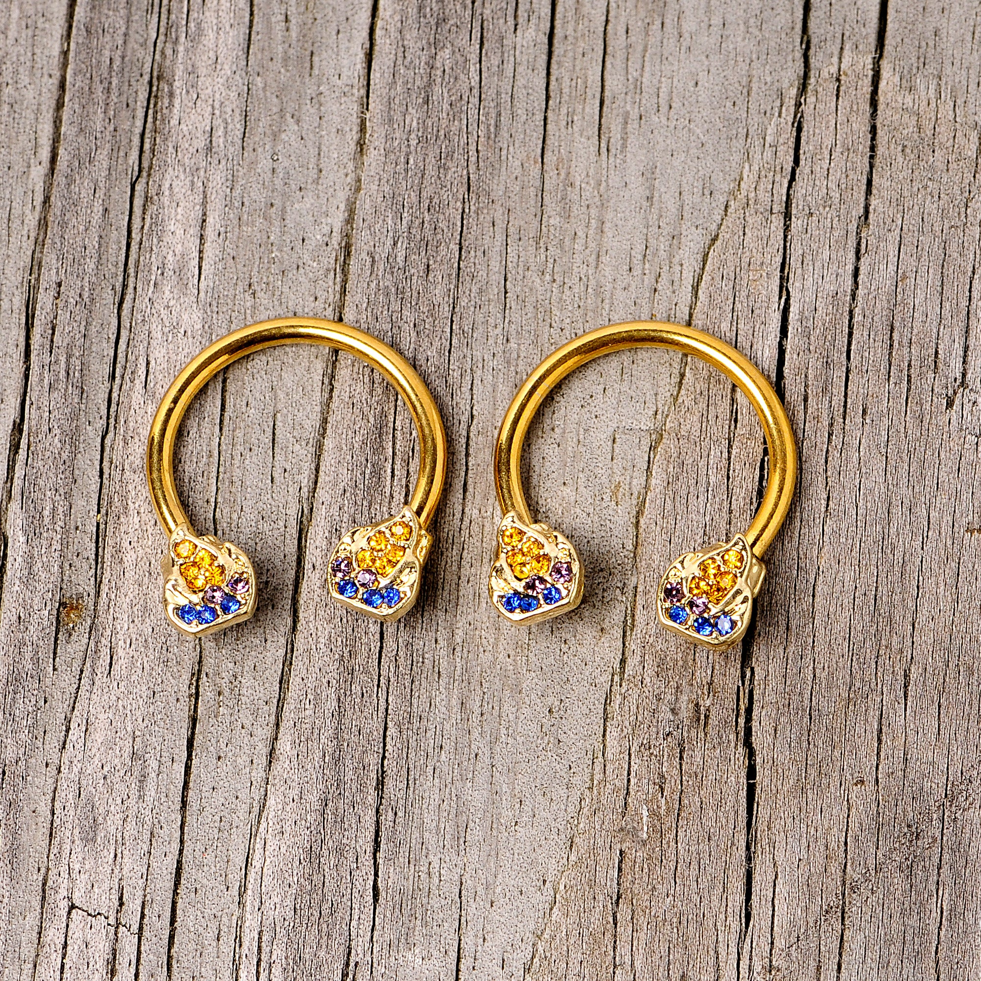 14G 1/2 Orange Gem Gold Tone Candle Horseshoe Nipple Ring Set - Image 3