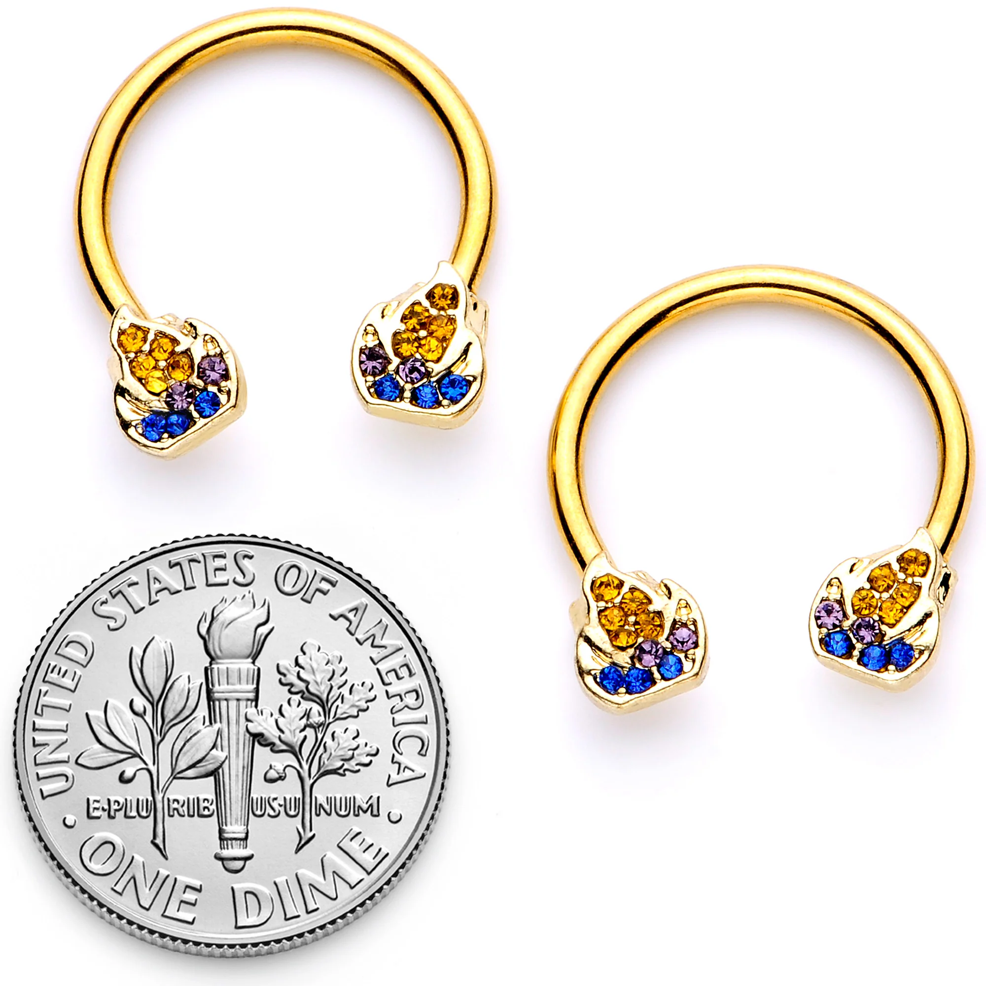 14G 1/2 Orange Gem Gold Tone Candle Horseshoe Nipple Ring Set - Image 4