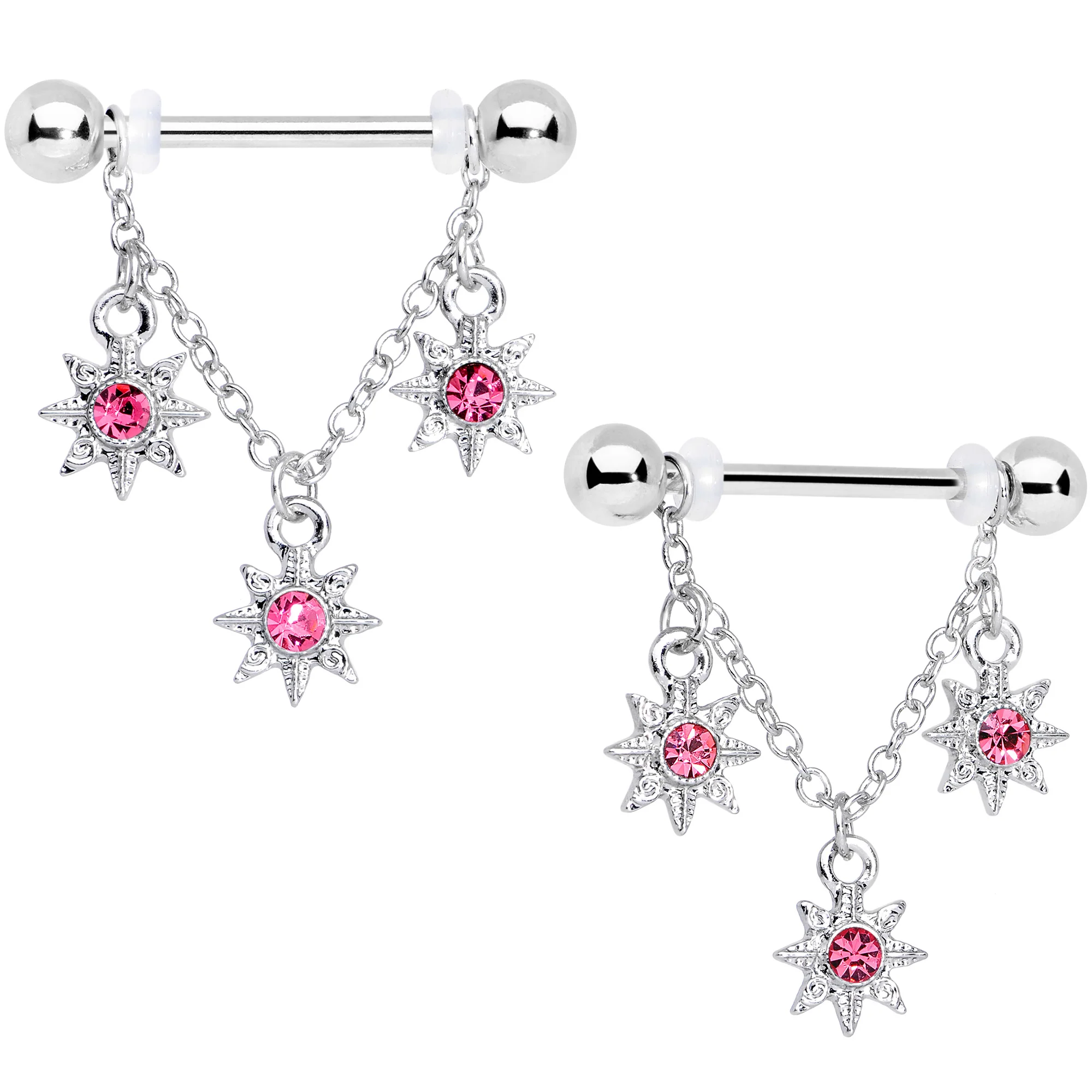 14G 1/2 Pink Gem Trio Stars Chain Dangle Nipple Ring Set