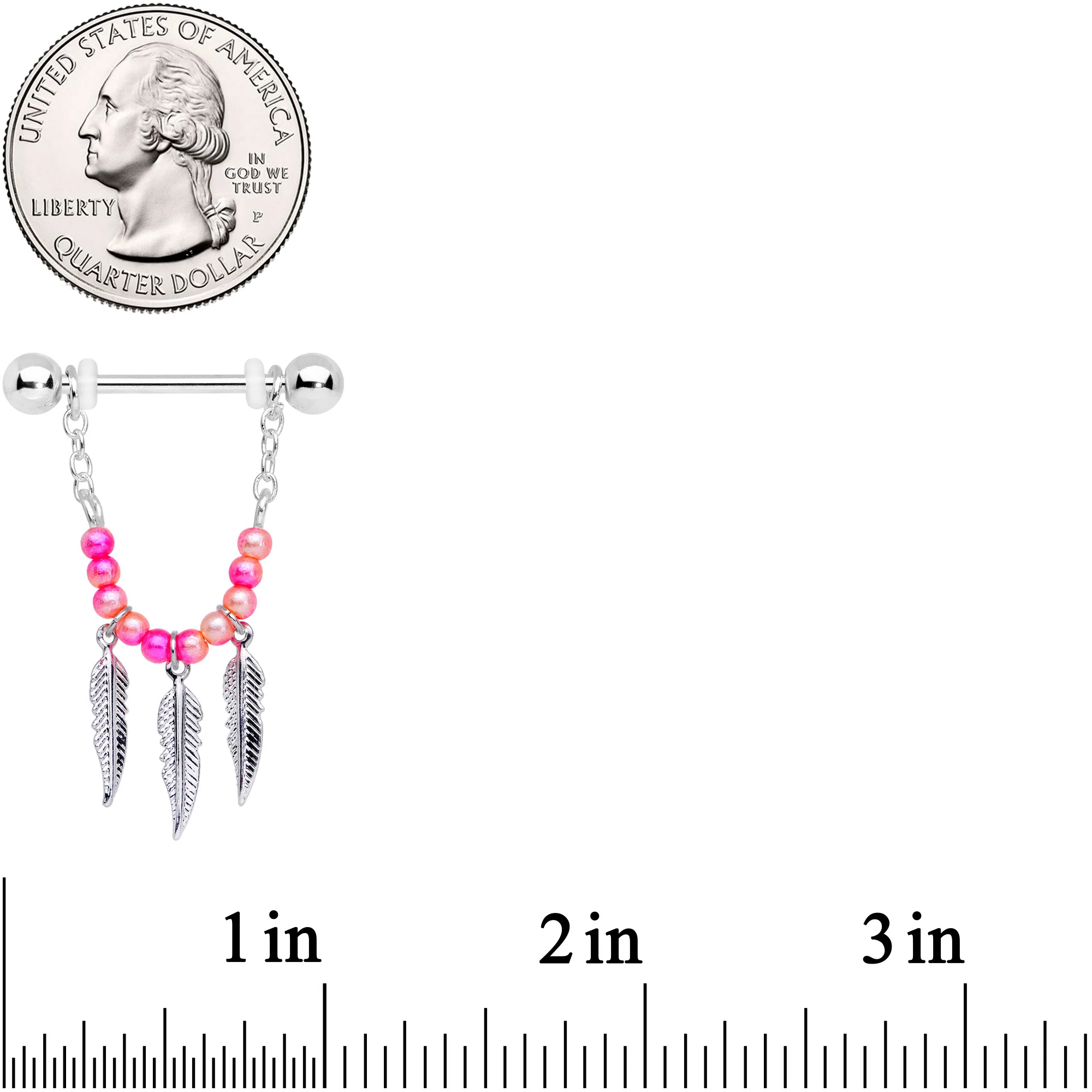 14G 1/2 Pink Peach Bead Feather Dangle Nipple Ring Set - Image 2