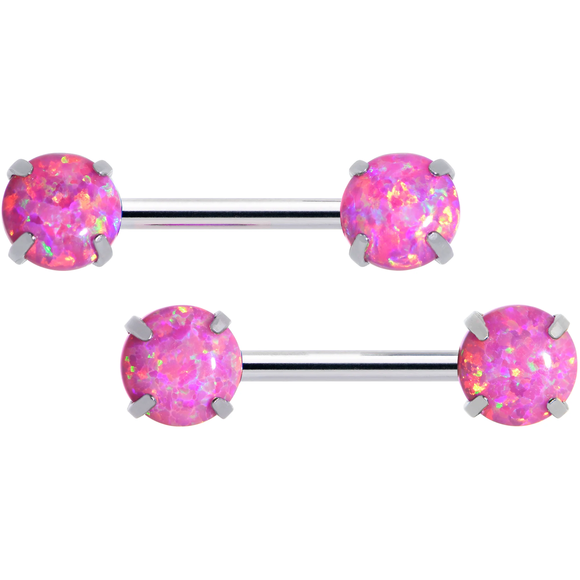 14G 1/2 Pink Synthetic Opal Threadless Barbell Nipple Ring Set - Image 2