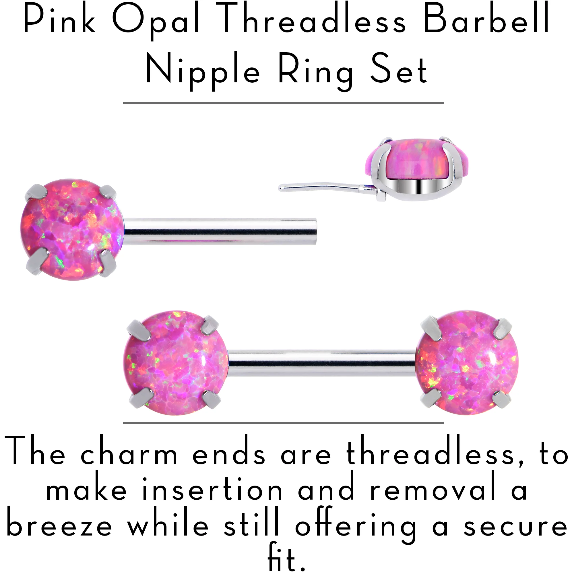 14G 1/2 Pink Synthetic Opal Threadless Barbell Nipple Ring Set - Image 3