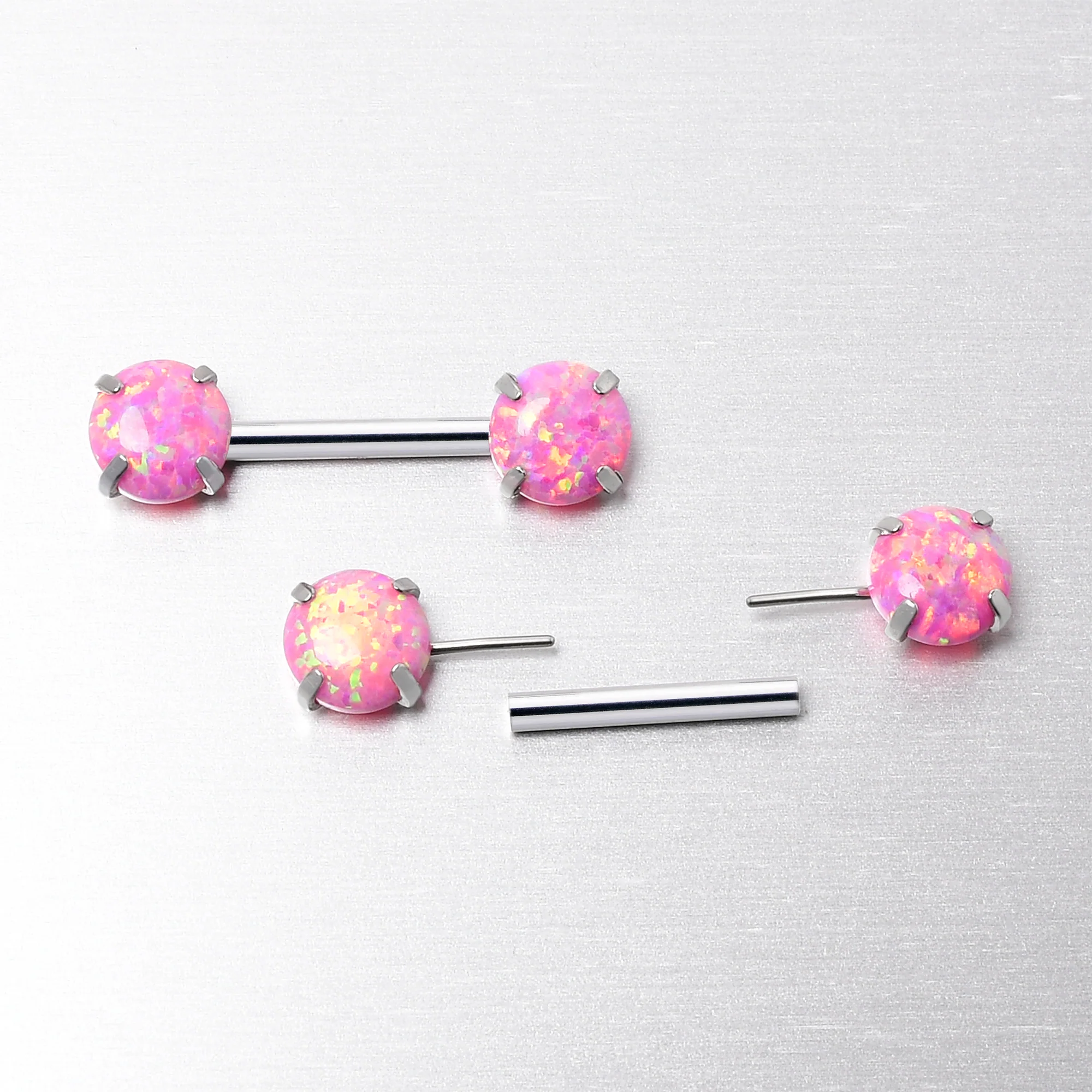 14G 1/2 Pink Synthetic Opal Threadless Barbell Nipple Ring Set - Image 4