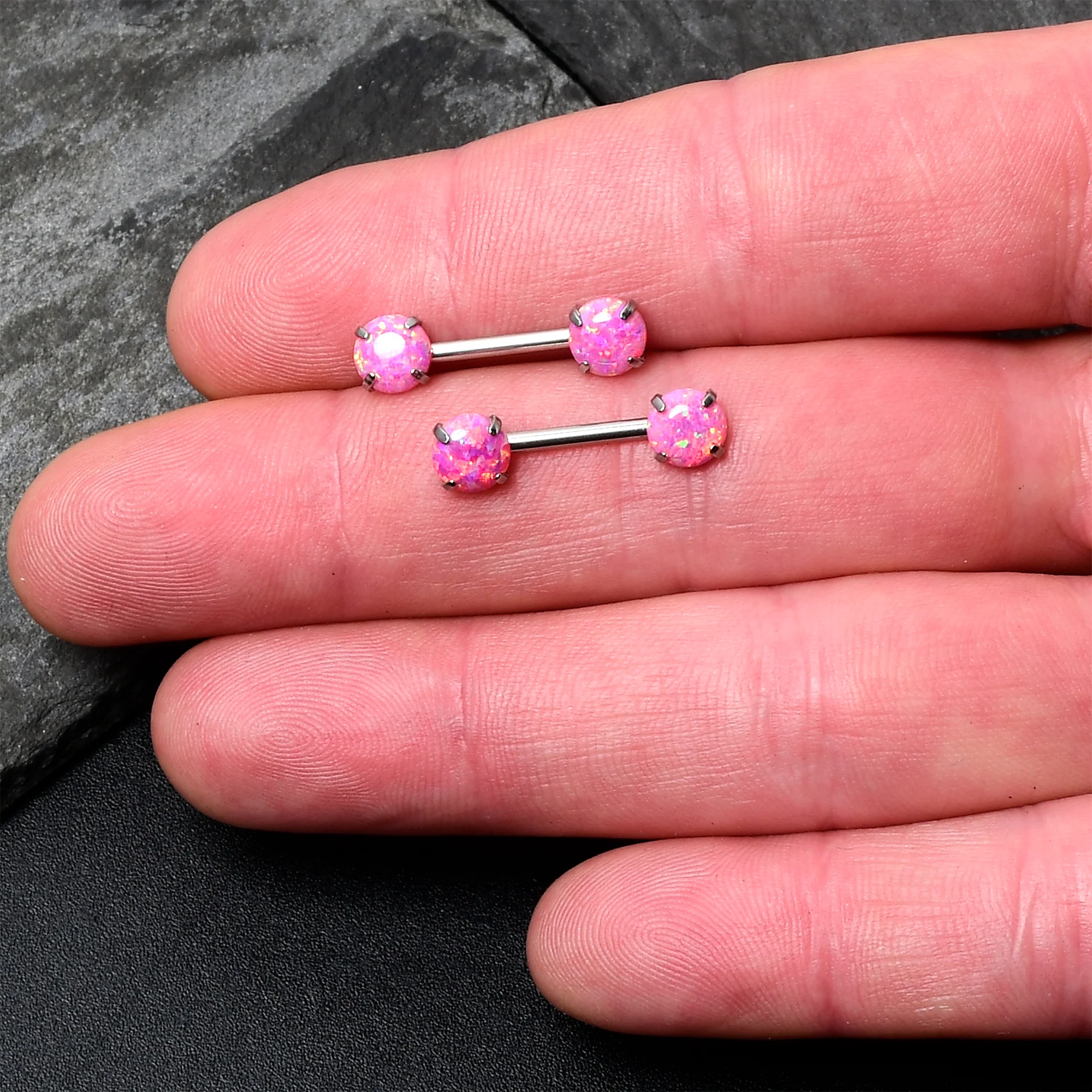 14G 1/2 Pink Synthetic Opal Threadless Barbell Nipple Ring Set - Image 5